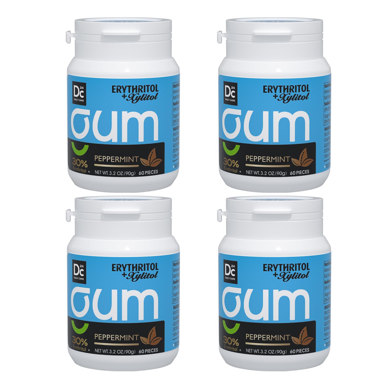 DC 24 DAILY CARE, 4 Packs of Xylitol Gum, Formulated with Ericitol, Aspartame, Sugarless Gum (4 Bottles, Peppermint)