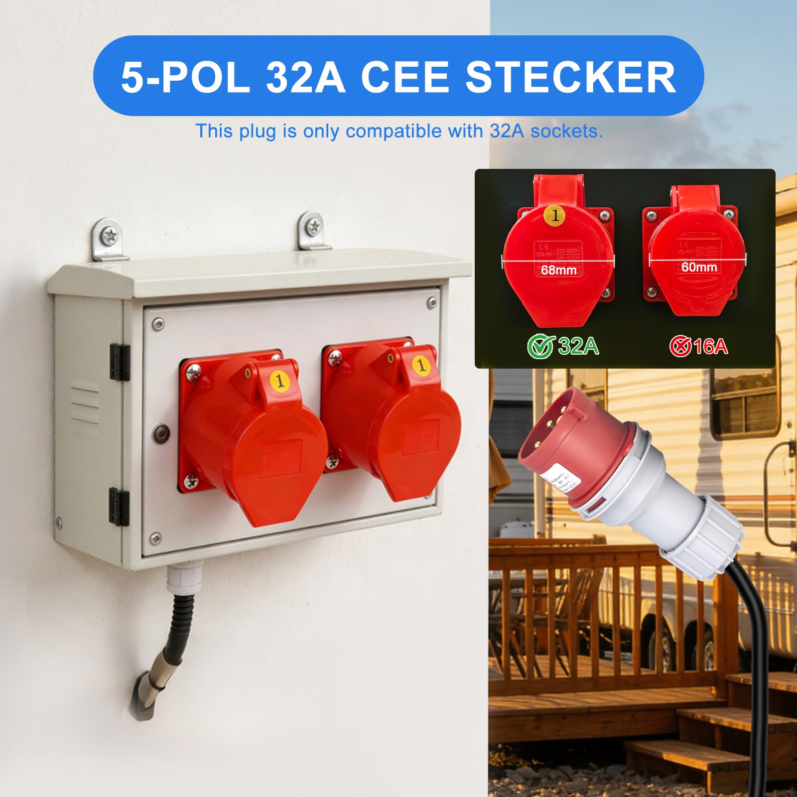 Adapter CEE 380 V na 220 V (32 A na 16 A) – adapter 5-biegunowy 32 A wtyczka CEE do gniazdka 16 A z przełącznikiem LS 3 x 16 A - rozdzielacz IP54 z 2 x 16 A Schuko i 1x3P/16A gniazdo CEE