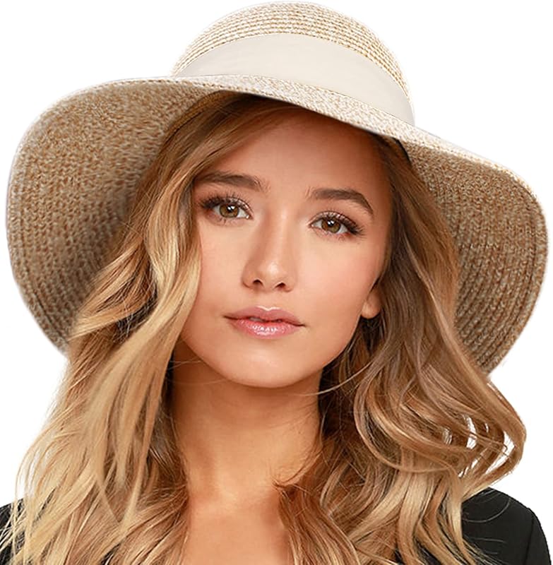 FURTALK Sombrero de paja para la playa para mujer Sombrero de viaje con protección UV de ala ancha | Pajita de papel de primera calidad, diseño de viaje plegable, banda para el sudor ajustable, correa para la barbilla resistente al viento, ideal para vacaciones en la playa