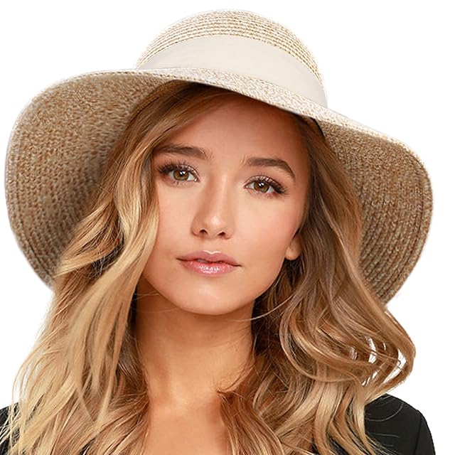 FURTALK Womens Beach Sun Straw Hat UV UPF 80 Travel Foldable Brim Summer UV Hat