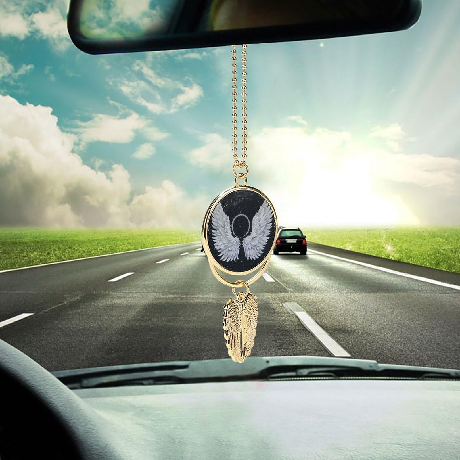 Metal Car Pendant Charms White Wings with Halo Car Rear View Mirror Charms Angel Wing Auto Rearview Mirror Hanging Interior Ornament Pendant Car Accessories for Women Men Car Interior Decor