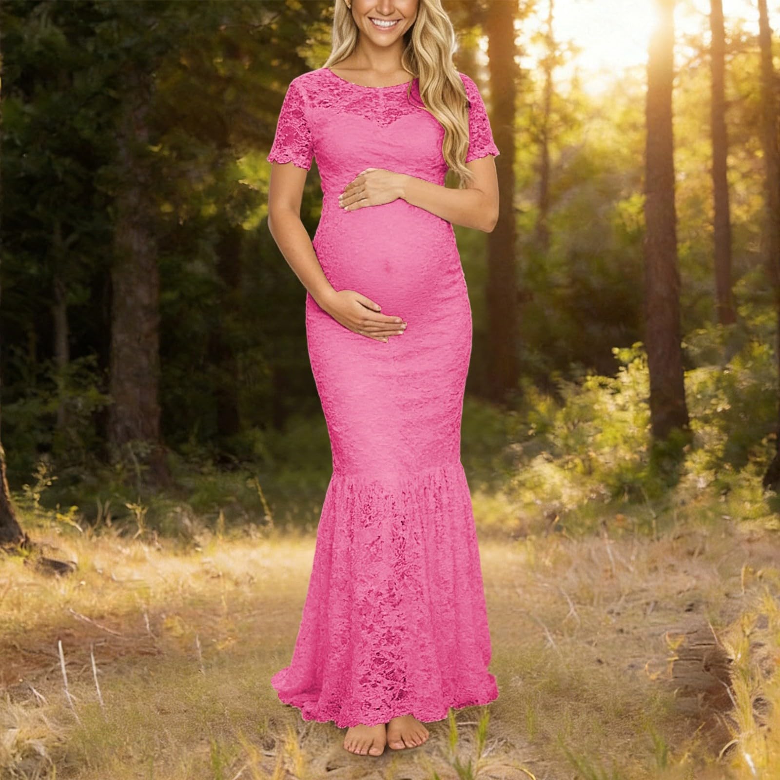 Elegante abito da sera premaman con scollo a V, maniche lunghe, pizzo trasparente, taglio attillato e lungo fino al pavimento, adatto per occasioni formali come matrimoni