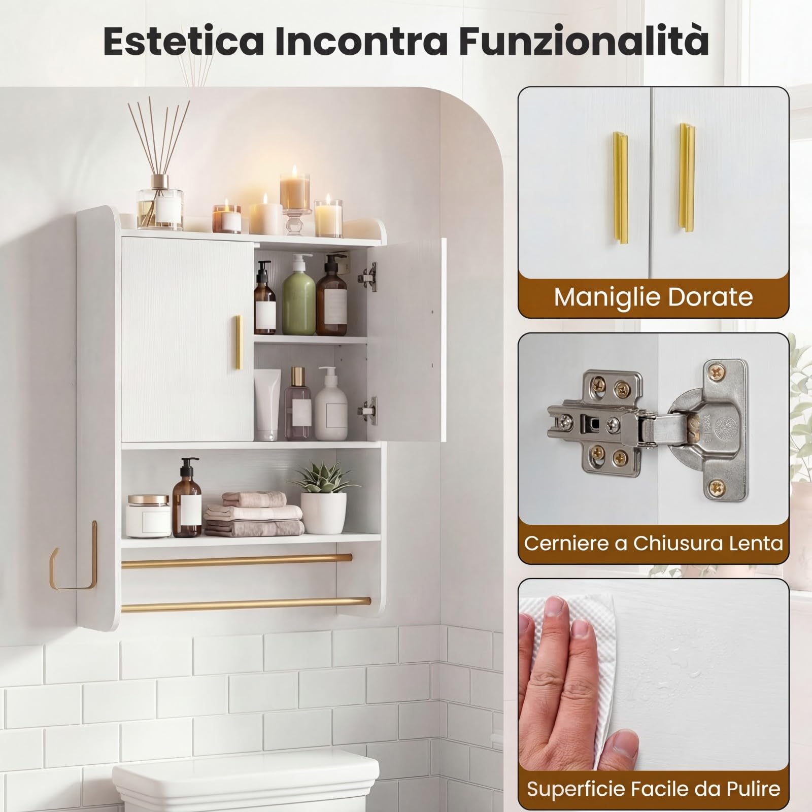 COSTWAY Armadietto Bagno Sospeso, Mobile da Bagno da Parete con Ripiano Regolabile, Scomparto Aperto, 2 Portasciugamani e Gancio Laterale, Pensile Salvaspazio per Cucina, 55 x 20 x 80 cm (Bianco)