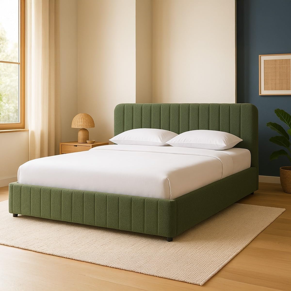HOMIFAB Ensemble Lit Coffre Adulte 140x190cm avec tête de lit en Tissu bouclé Vert - Ava + Matelas Ressorts ensachés - Spring Elite