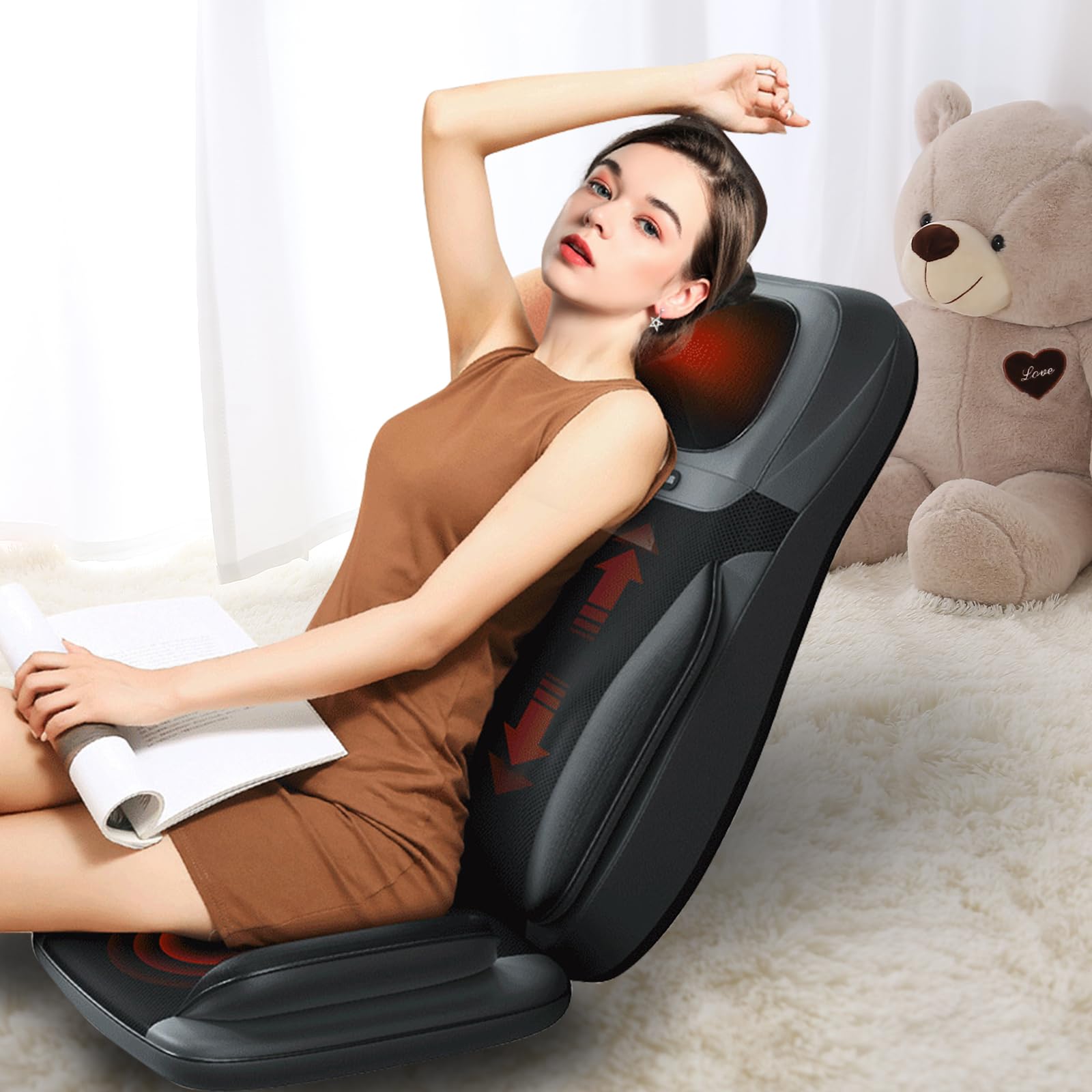 Rückenmassagegerät mit Wärmefunktion, Shiatsu Massagesitzauflage mit 3D-Massierköpfen und Vibration, Massagesitzauflage für Zuhause/Auto (Hellbeige)
