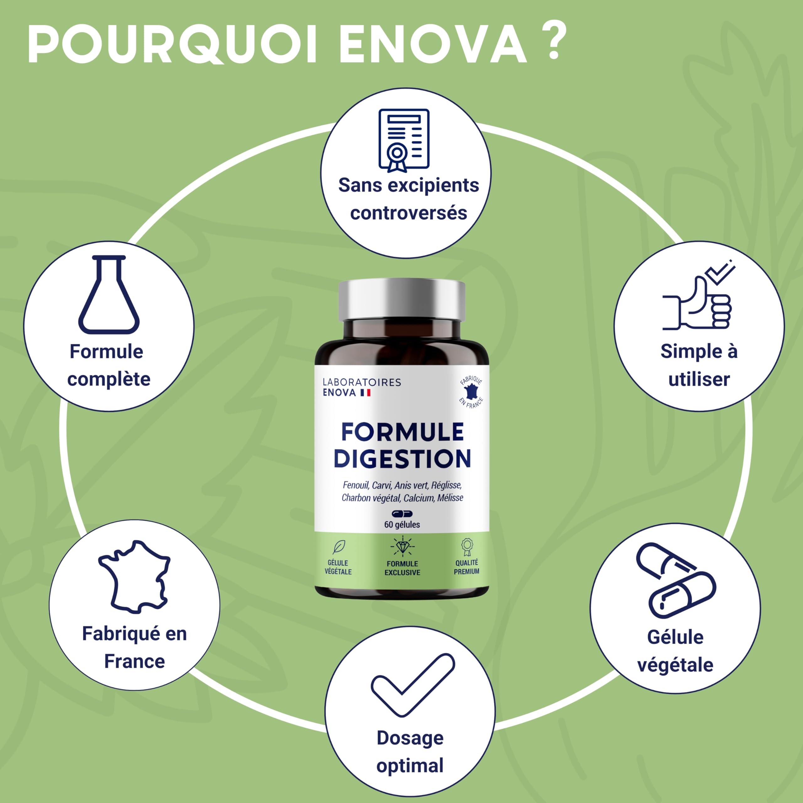 FORMULE DIGESTION | Digestion, Transit, Constipation, Detox Colon | Fenouil, Carvi, Anis vert, Réglisse, Charbon, Mélisse | 60 Gélules | Complement Alimentaire | Fabriqué en France