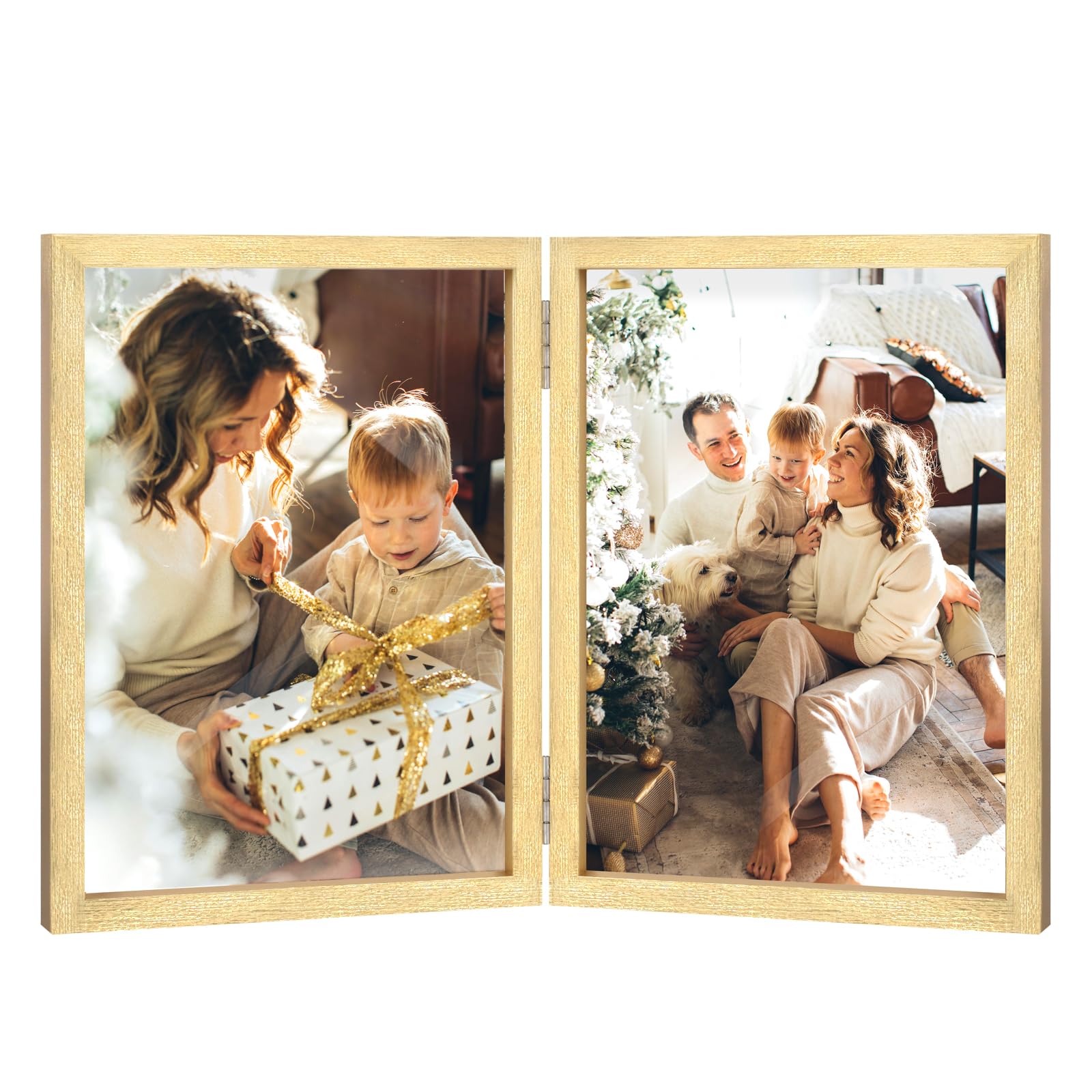 Double Photo Frame 4x6 Hinged Folding Wood Picture Frame with Glass Front Stand Vertical on Desktop Gold
