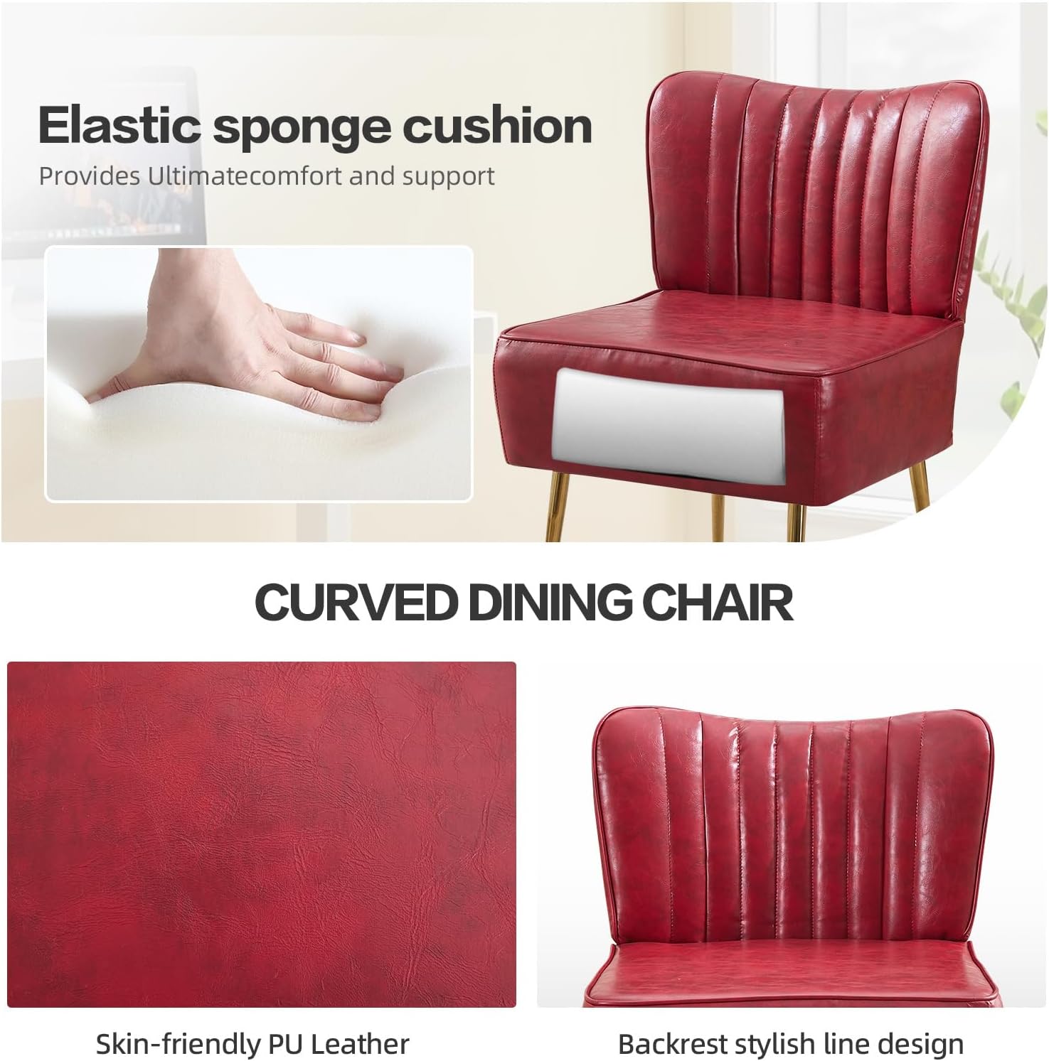 PU Leather Armless Accent Chair Set of 2,Modern Comfy Living Room Slipper Chairs with Golden Legs,Upholstered Wingback Single Sofa Side Corner Chair for Bedroom,Small Space,Wine Red