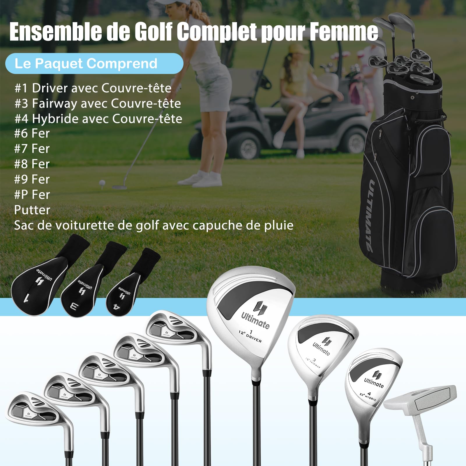 GOPLUS Clubs de Golf pour Enfants, Inclus 205CC #3 Fairway, #7 & #9 Fers, Putter, Couvre-tête, Sac de Golf Portable avec Capuchon de Pluie, pour Garçons Filles de 8-10 Ans