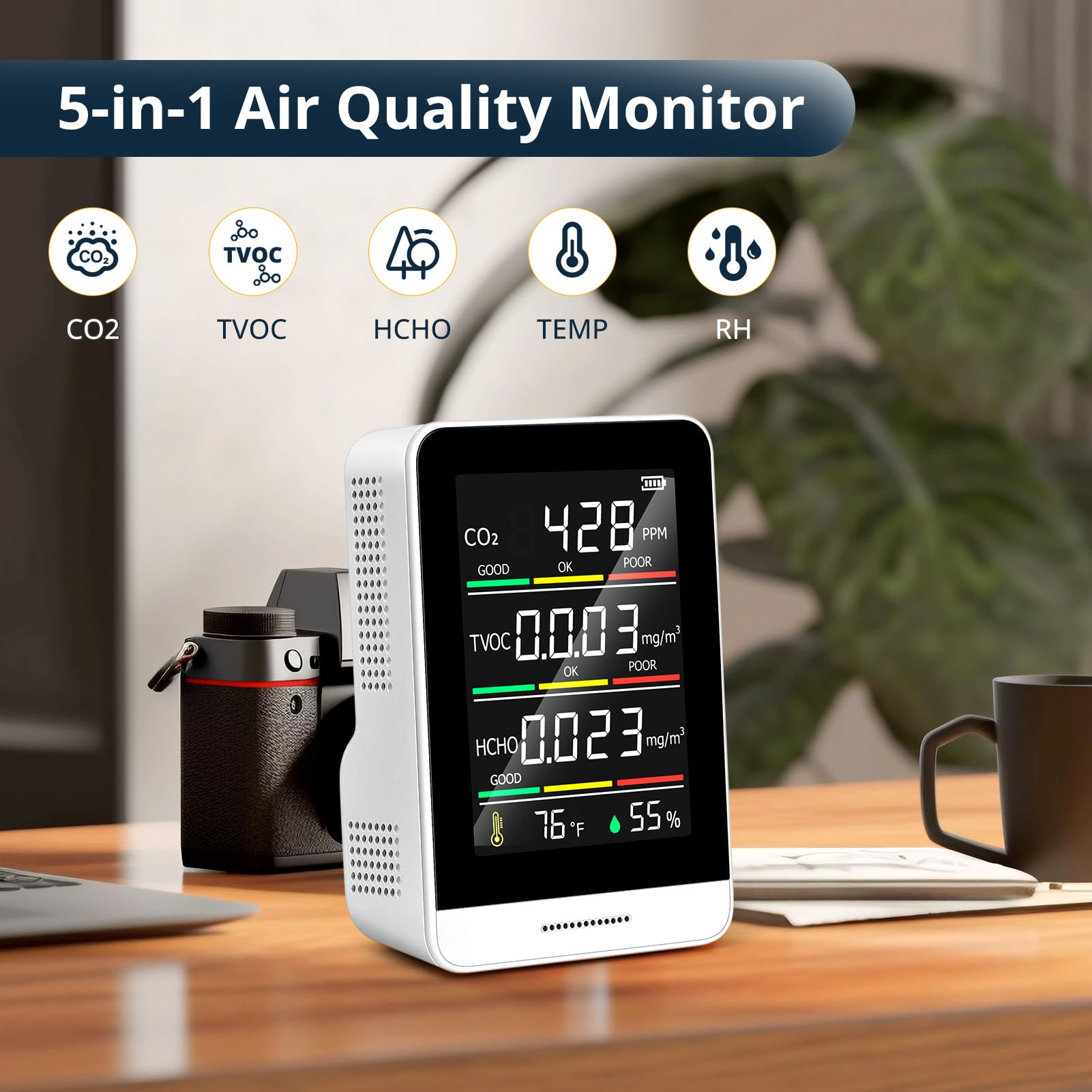 5-in-1 Luftqualitätsmonitor für den Innenbereich -Luftverschmutzungsmonitor mit CO2, HCHO, TVOC, Temperatur und Luftfeuchtigkeit, Echtzeit-Datenaufzeichnung,Kompakt Tragbar