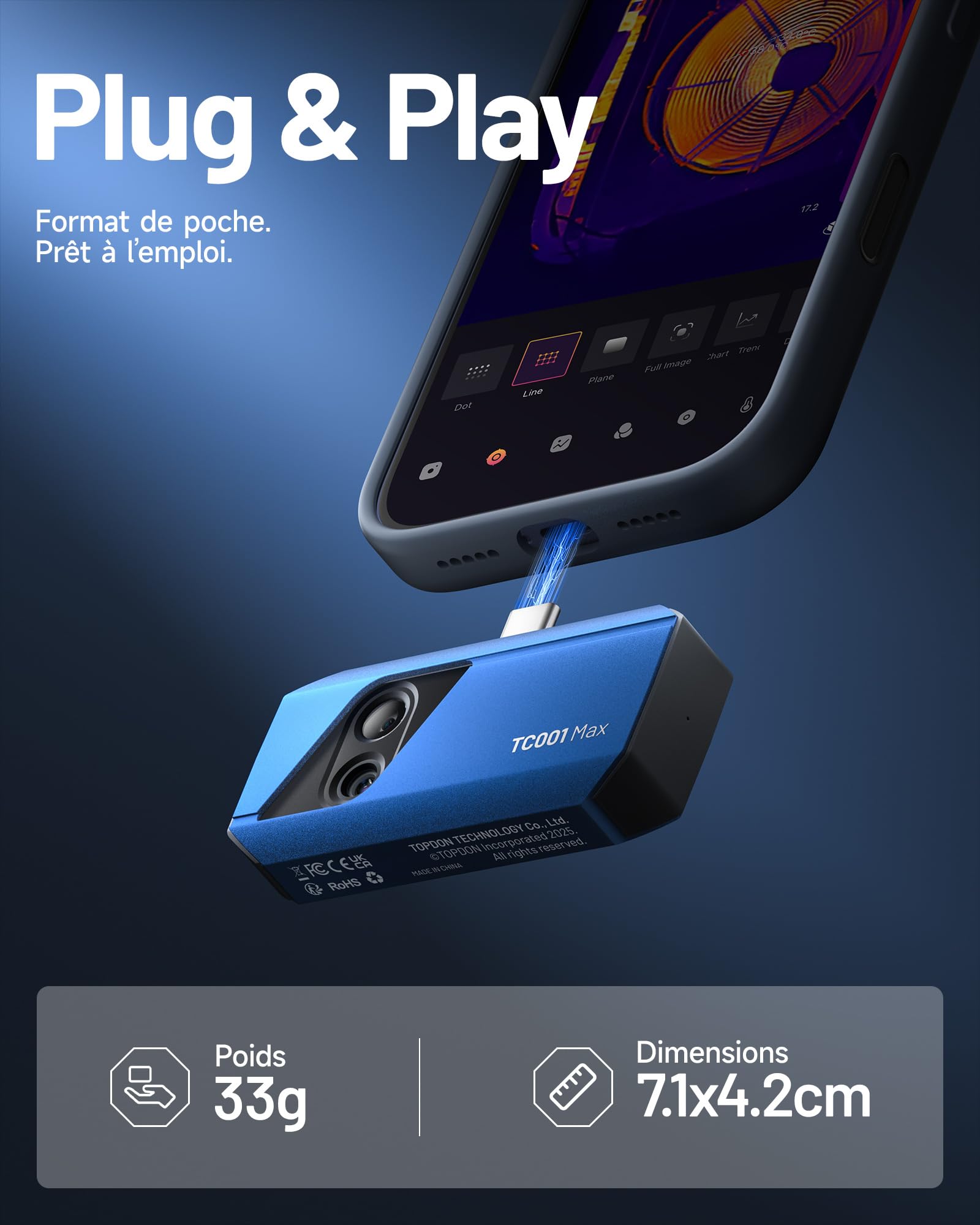 TOPDON Caméra Thermique TC001 Max pour Android iPhone, Résolution 512×384 avec Caméra Visuelle 1,5MP, -20℃-550°C, 25Hz, Caméra Infrarouge à Double Objectif pour Inspection de Maison, Fuites et CVC