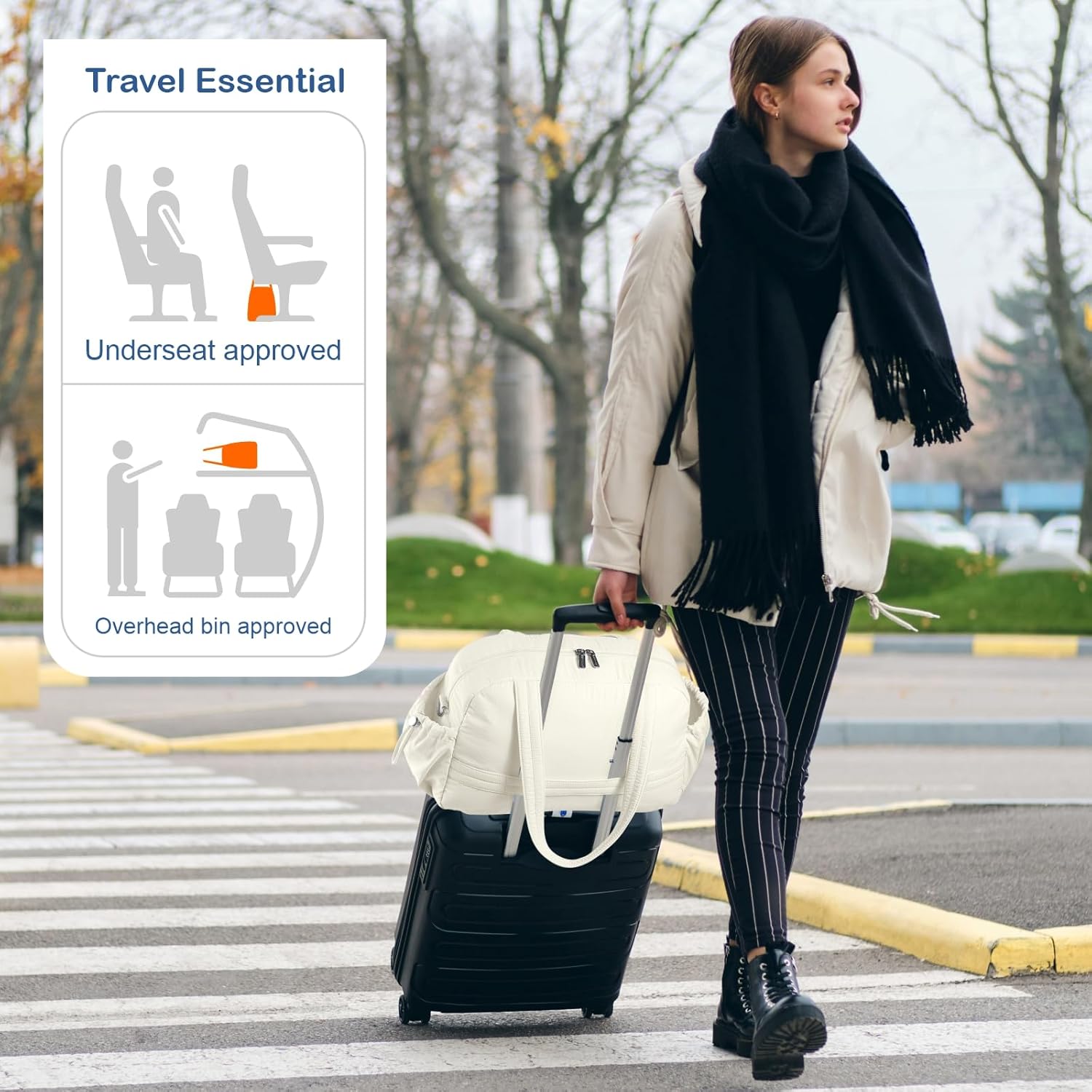 TOPDesign Travel Duffel Bag for Women, Puffer Gym Bag Sports Tote with Wet Pocket, Carry On Weekender with Luggage Sleeve (Ivory White) - Image 2