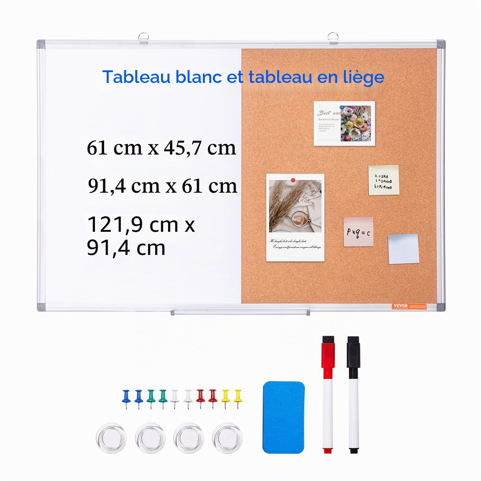 VEVOR Combo Tableau Blanc et Tableau en Liège 90x60 cm, Tableau d'Affichage Magnétique Effaçable à Sec, avec Cadre en Aluminium, Montage Mural, pour Épingler Mémo Notes Photos Bureau Maison École