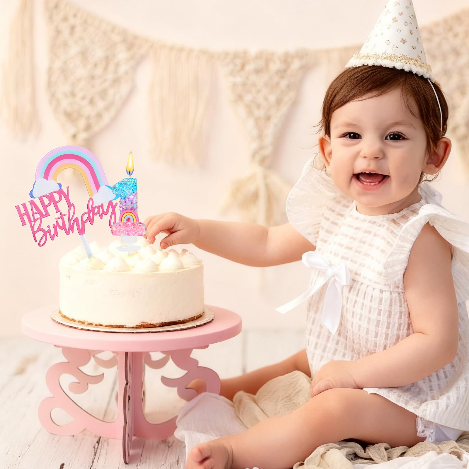 Bougie Chiffre 1 Arc-en-ciel 3D Pour Premier Anniversaire - Décoration Gâteau Fille/garçon - Lot Avec Décoration Arc-en-ciel