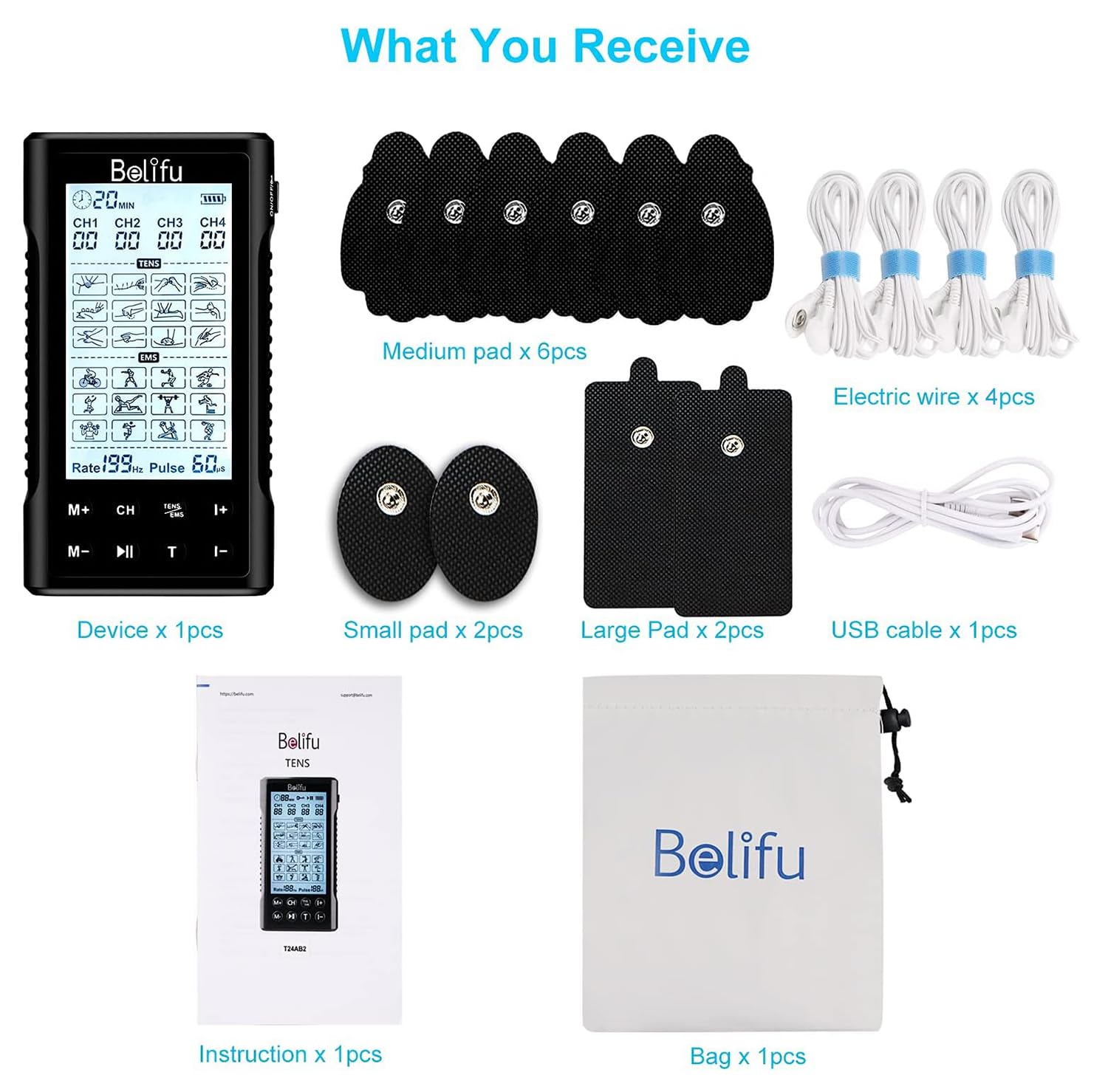 Belifu 4 Independent Channel TENS EMS Unit, 24 Modes,30 Level Intensity Muscle Stimulator Machine, Rechargeable Electric Pulse Massager with 10 Pads&5 Set Leads Wires, for Pain Relief Therapy(Black) — Amazon image 8