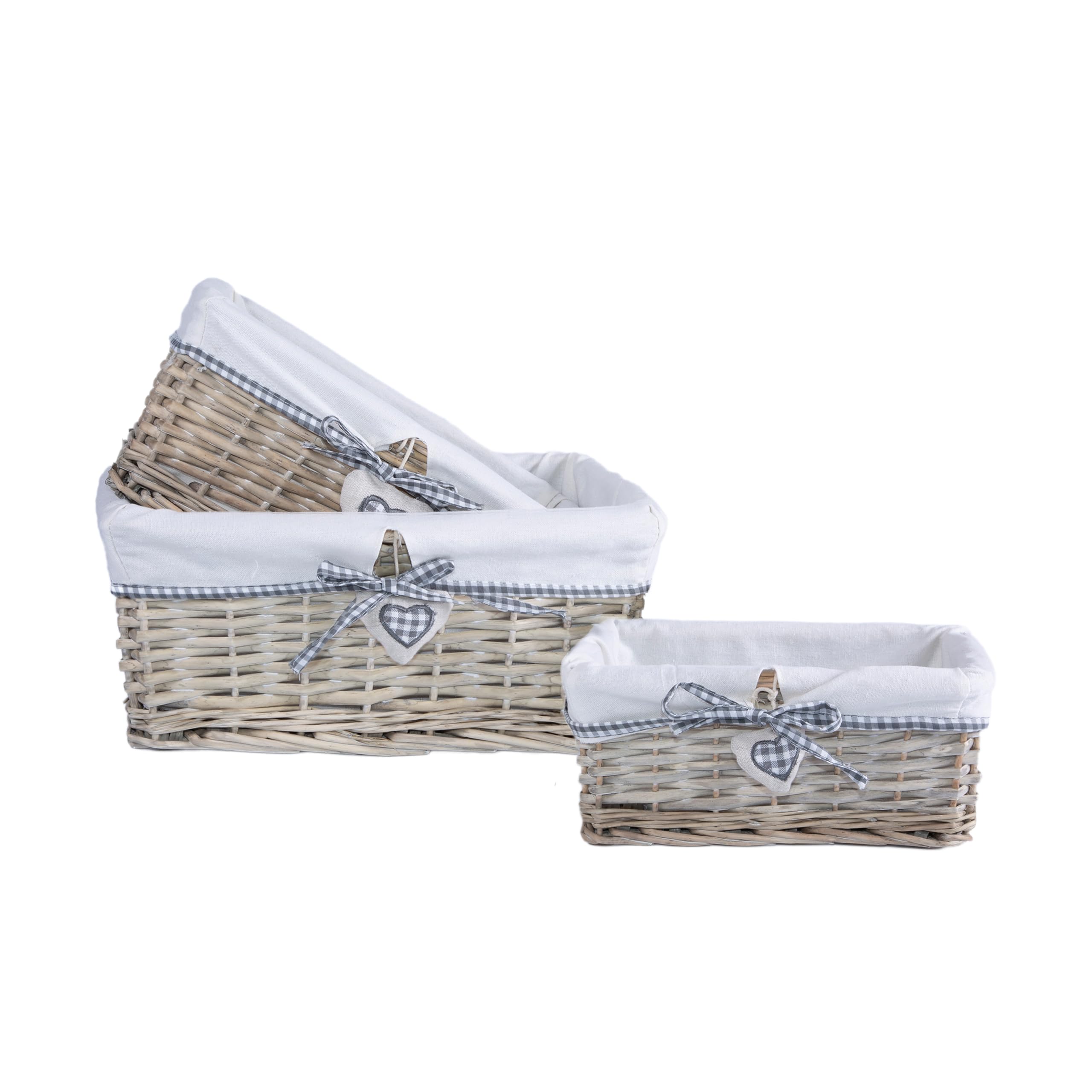 Natural Wicker Storage Basket with Lining Hamper Baskets for Gifts Empty Baskets for Shelves (Grey Washed, Set:L+M+S)