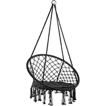 TecTake 800689 - Silla Colgante, Hamaca con Cojín, Estructura de Acero, Ideal para Jardín Exterior Terraza (Negro | No. 403115)