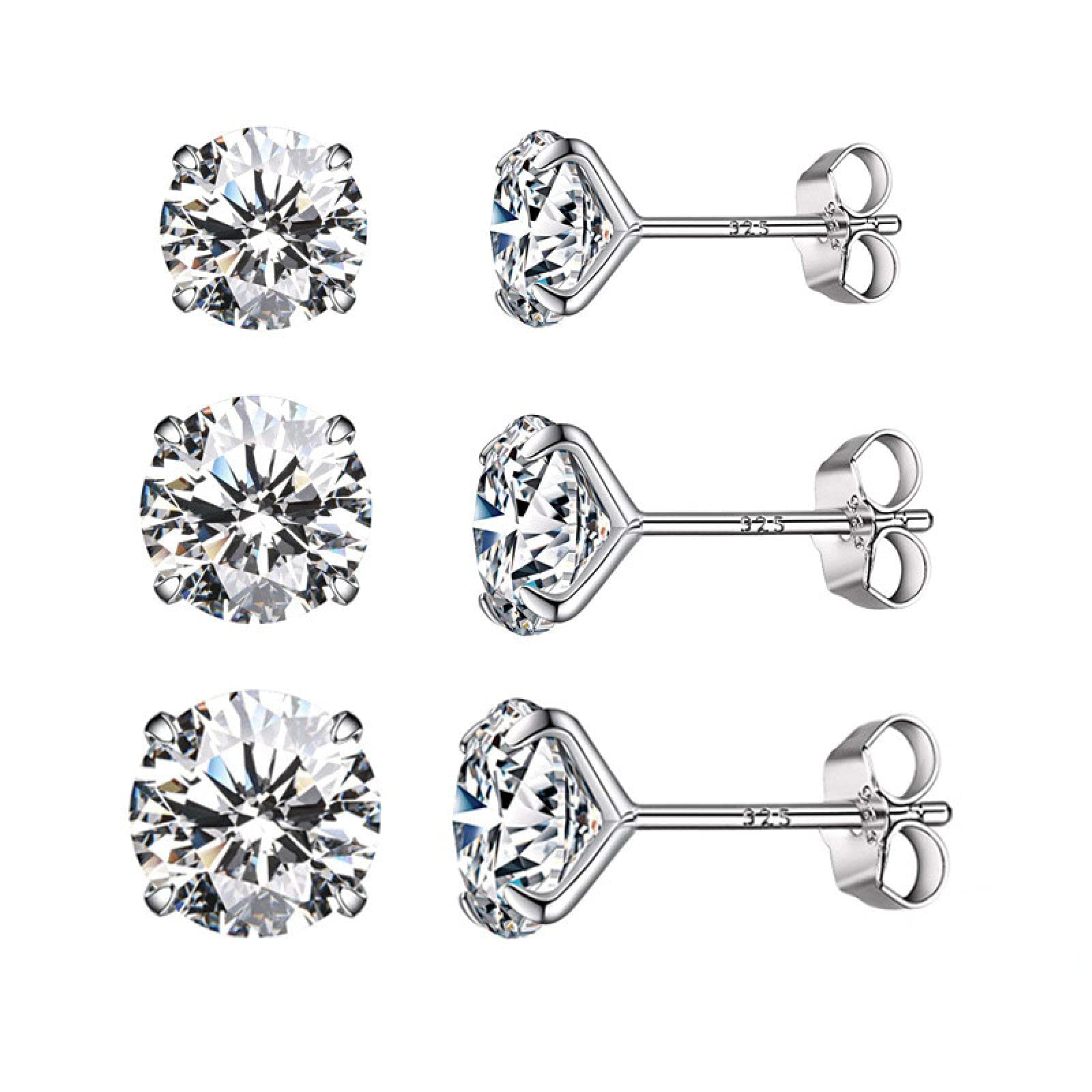 RWRAPS Orecchini per Ragazza 3 Paia di Orecchini a Bottone Set Orecchini in Pietra Argento Sterling 925 Orecchini Minimalisti alla Moda Abbagliante Orecchini a Bottone Diametro 4mm 5mm 6mm