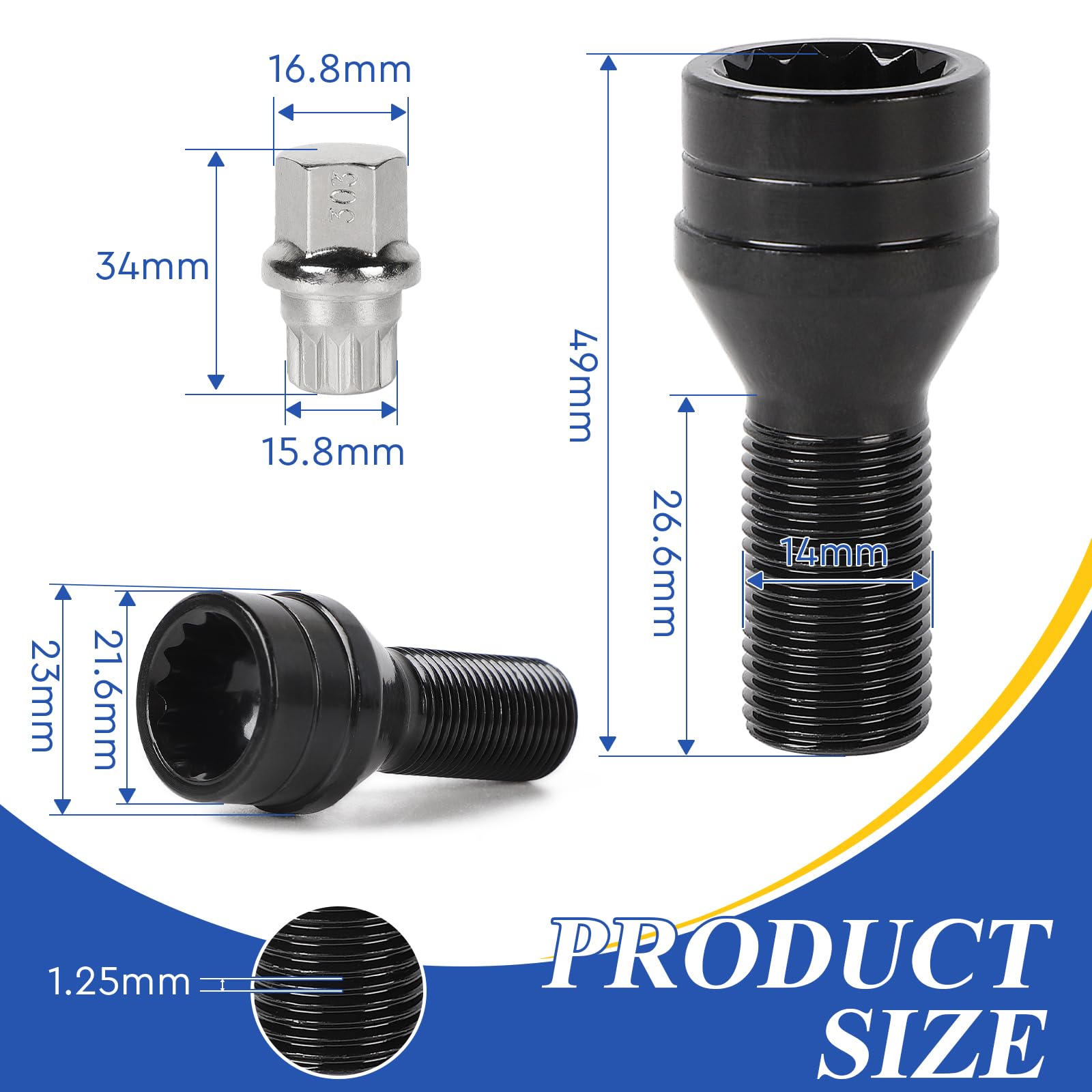 EFUTURETIME 4 x Bulloni Antifurto per Ruote M14 x 1,25 mm Bullone Ruota con un Dado di Sicurezza Compatibili con B-M-W & Mini (OE: 36136776076)