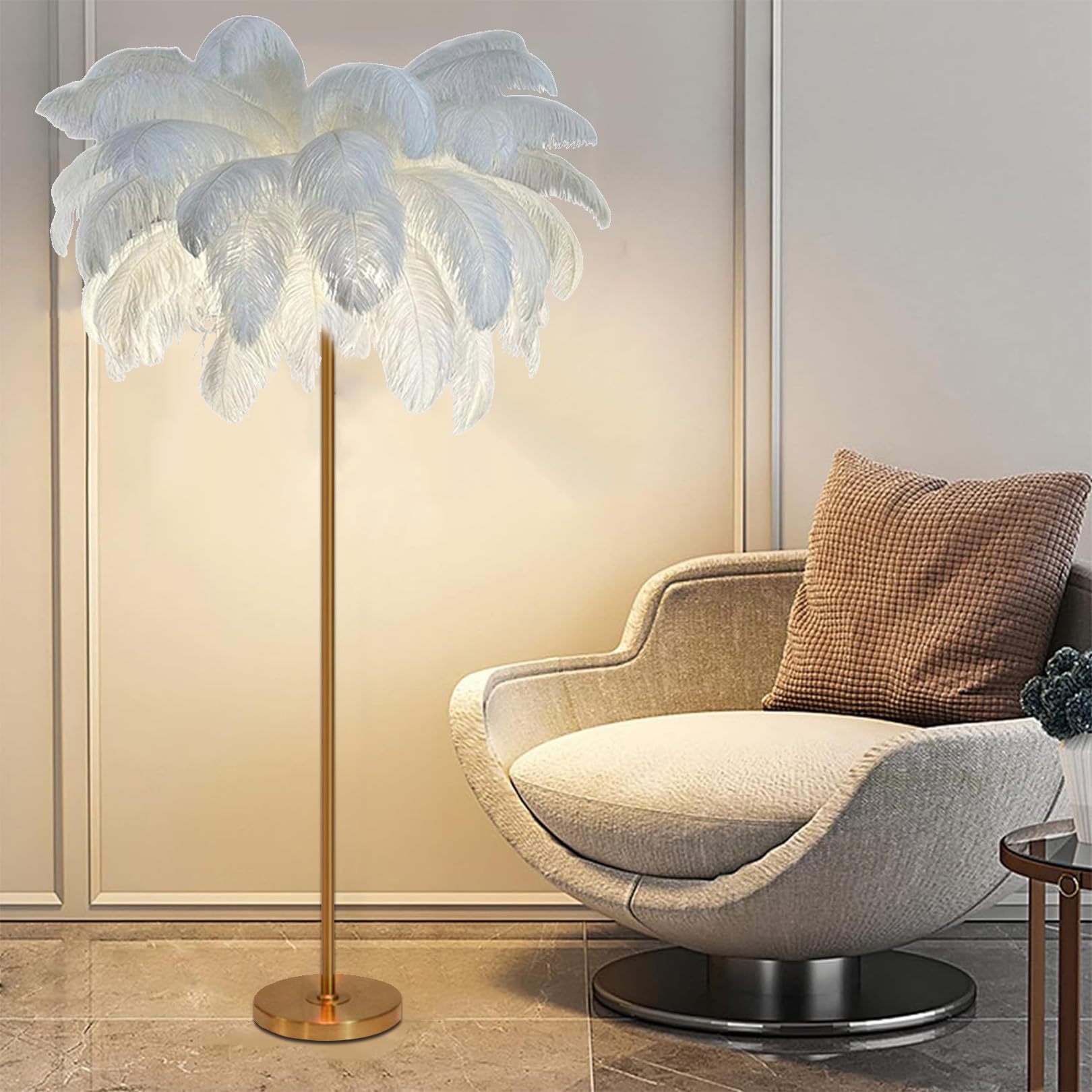Ostrich Feather Floor Lamp, Natural Gold Standing Light with Elegant Lampshade - Modern Tall Feather Lamp for Bedroom, Living Room, Office