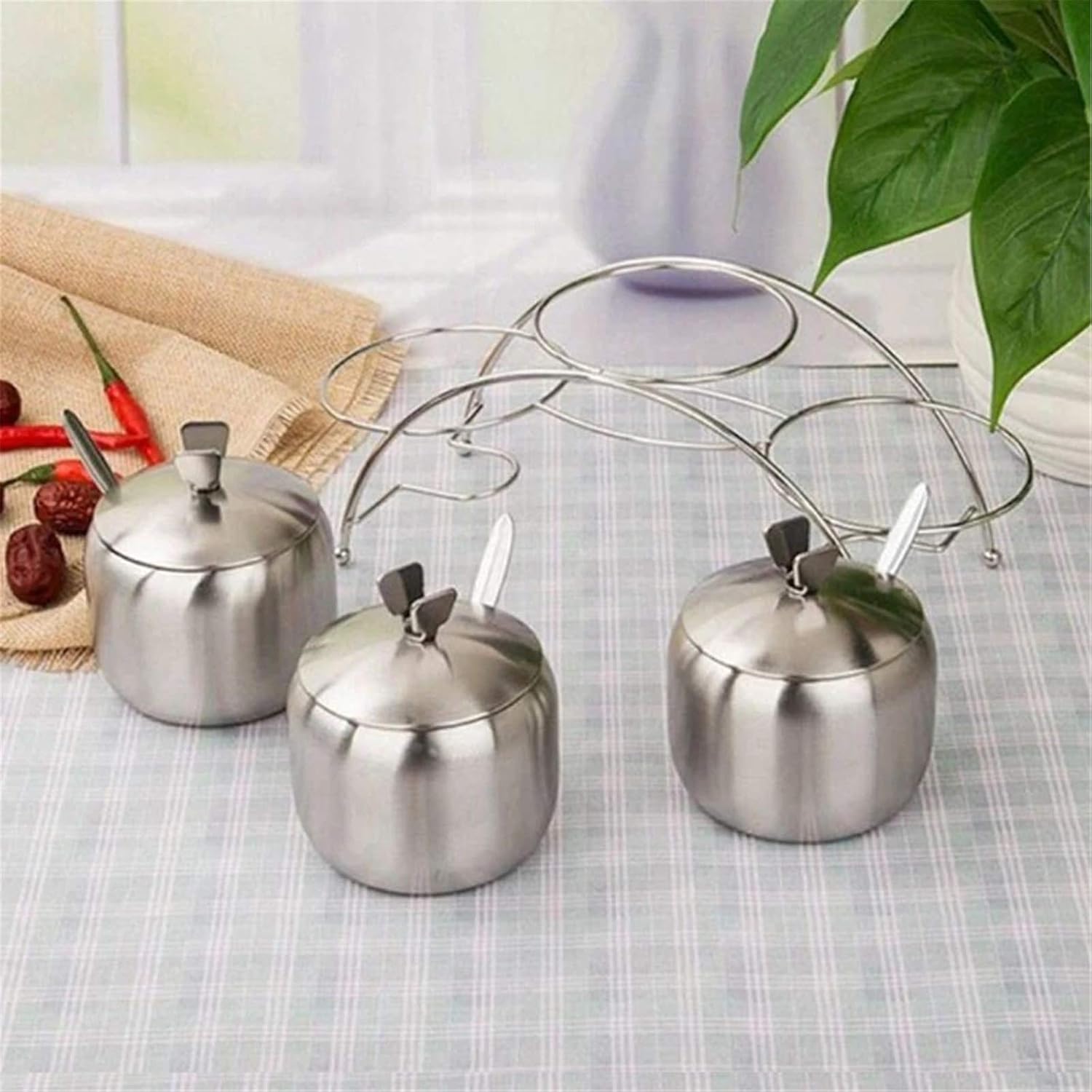 Generic Seasoning Rack Stainless Steel Spice Jars Seasoning Rack Seasoning Bowl Sugar Salt Spices Container with Spoons Pepper Seasoning Tool for Kitchen Pantry (Color : Silver, Size : 27cm)