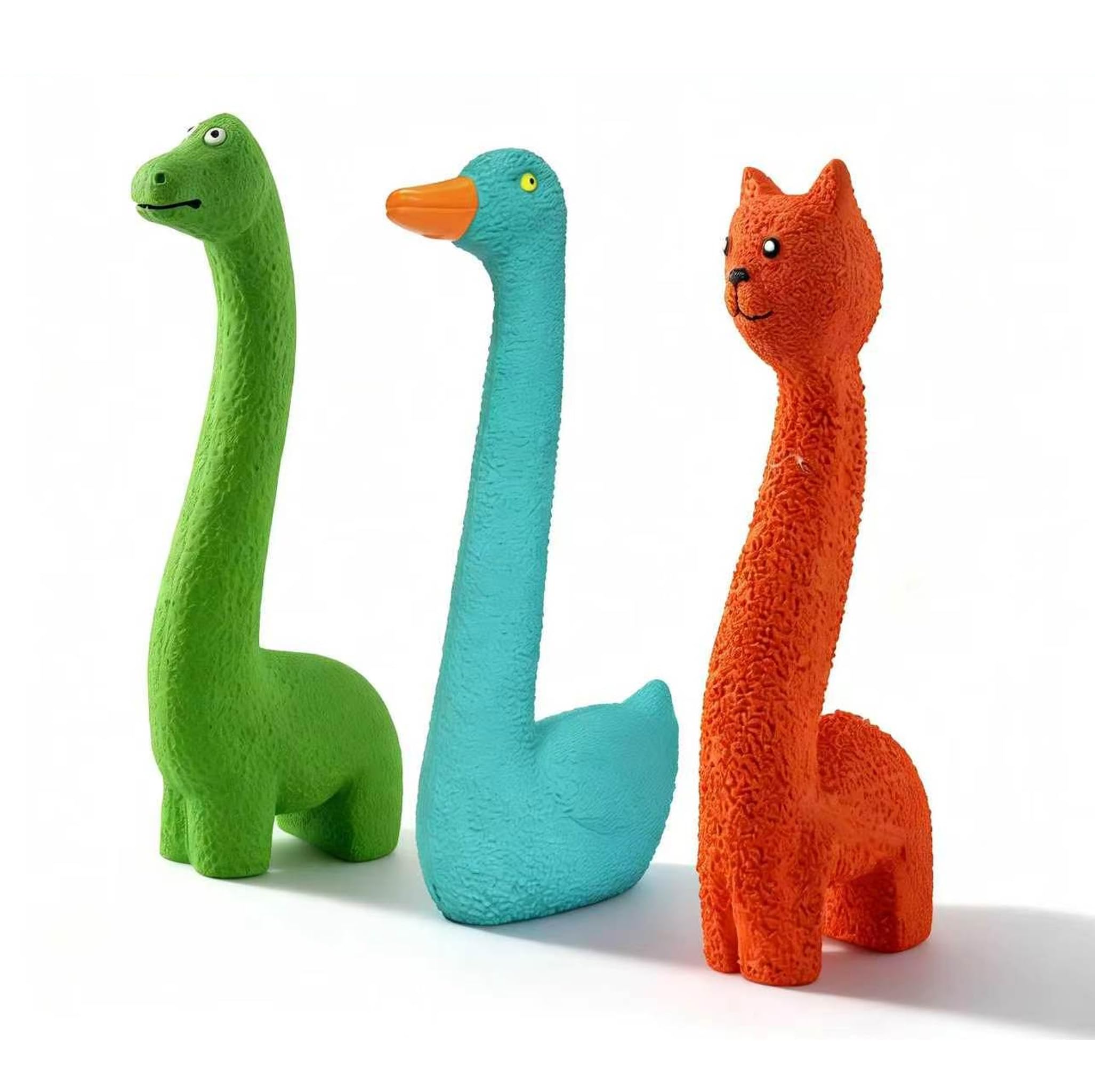 BowBabe 3-Pack Long-Neck Natural Latex Dog Toy Set, Squeaker Animal Chew Toys for All Breeds, Easy Grip Chew
