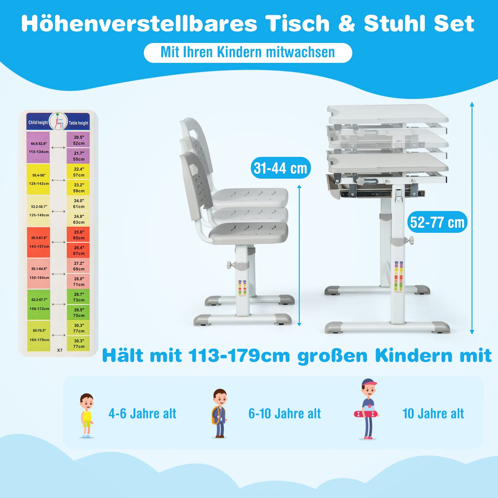 COSTWAY Schreibtisch Kinder, Kinderschreibtisch höhenverstellbar mit neigbarer Tischplatte & Schublade, multifunktionaler Schreibtisch mit Stuhl für Jungs & Mädchen (Grau)