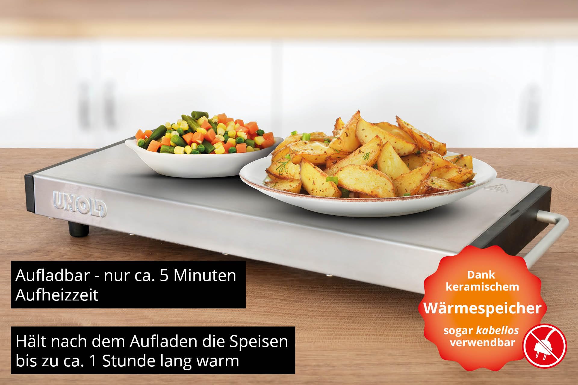 Unold Elena Wärmespeicherplatte 1100 Watt Keramik Edelstahl 40x20 cm mobil aufladbar Überhitzungsschutz