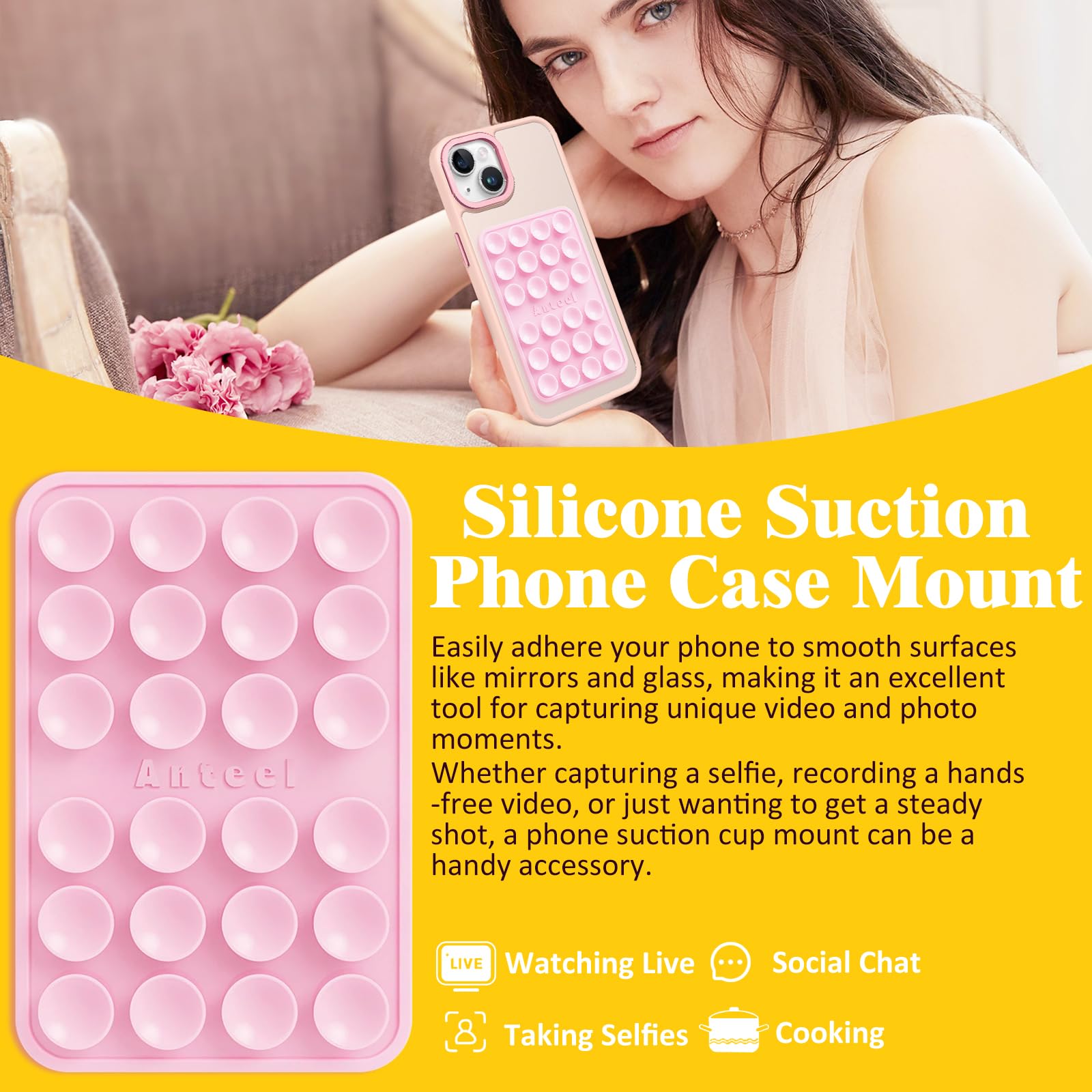 Anteel - Funda de silicona con ventosa de tamaño mediano, soporte adhesivo, potencia de succión mejorada y agarre adhesivo grueso mejorado, duradero, soporte adhesivo manos libres, 2.3 x 3.45 pulgadas