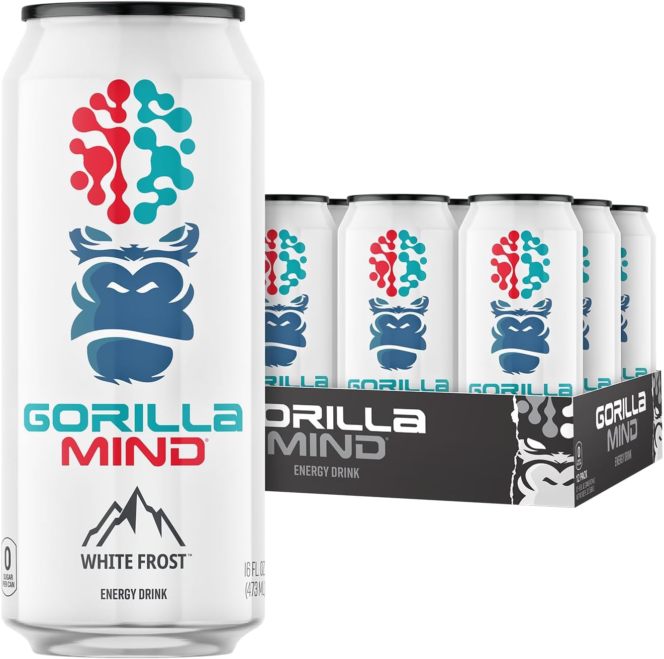 Gorilla Mind Energy Drink | Unmatched Energy ยท Amplified Focus | N-Acetyl-L-Tyrosine, Alpha-GPC, 200mg Caffeine, Uridine, Saffron | 0 Sugar Or Artificial Colors | 16oz, 12-Pack (White Frost)
