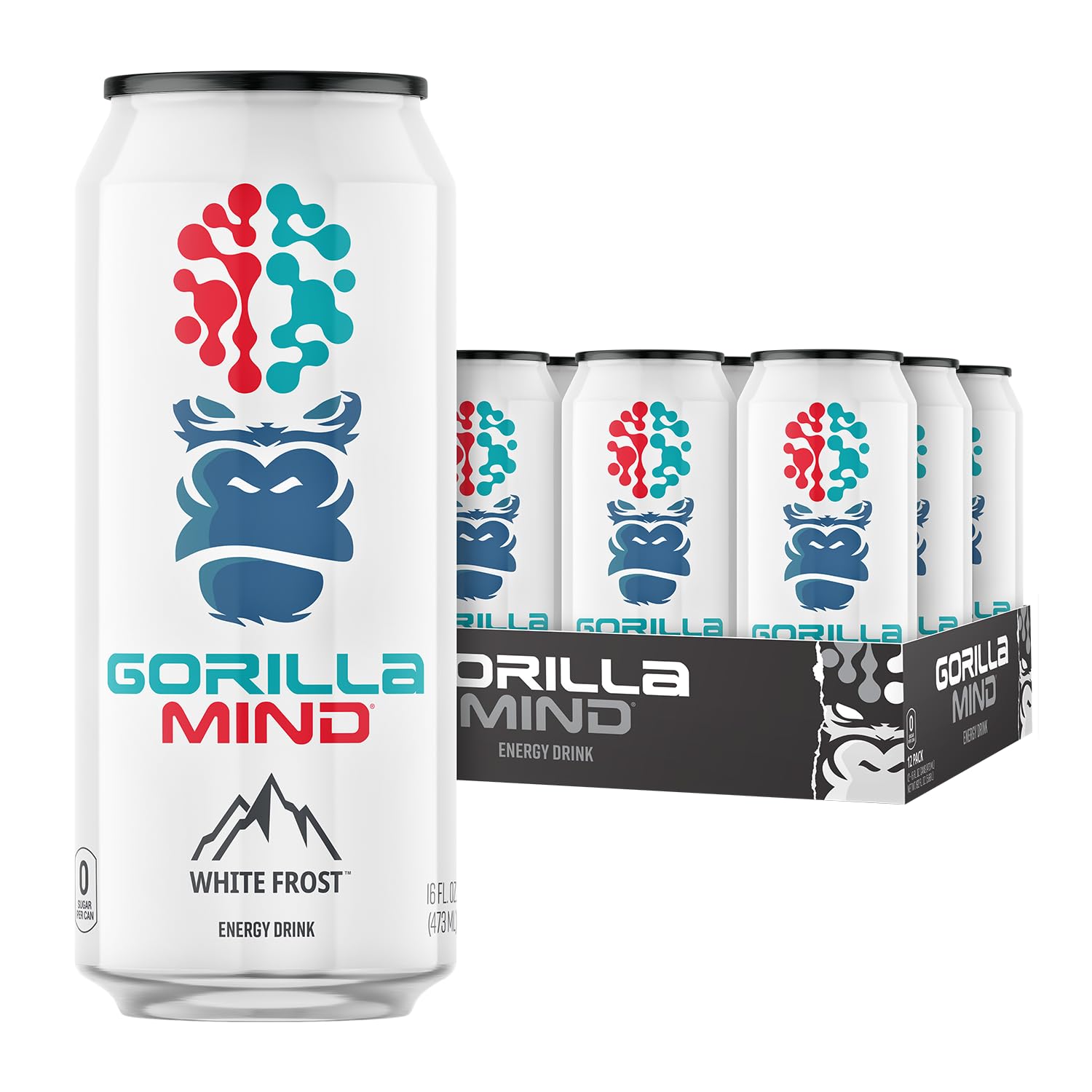 Gorilla Mind Energy Drink | Unmatched Energy · Amplified Focus | N-Acetyl-L-Tyrosine, Alpha-GPC, 200mg Caffeine, Uridine, Saffron | 0 Sugar Or Artificial Colors | 16oz, 12-Pack (White Frost)