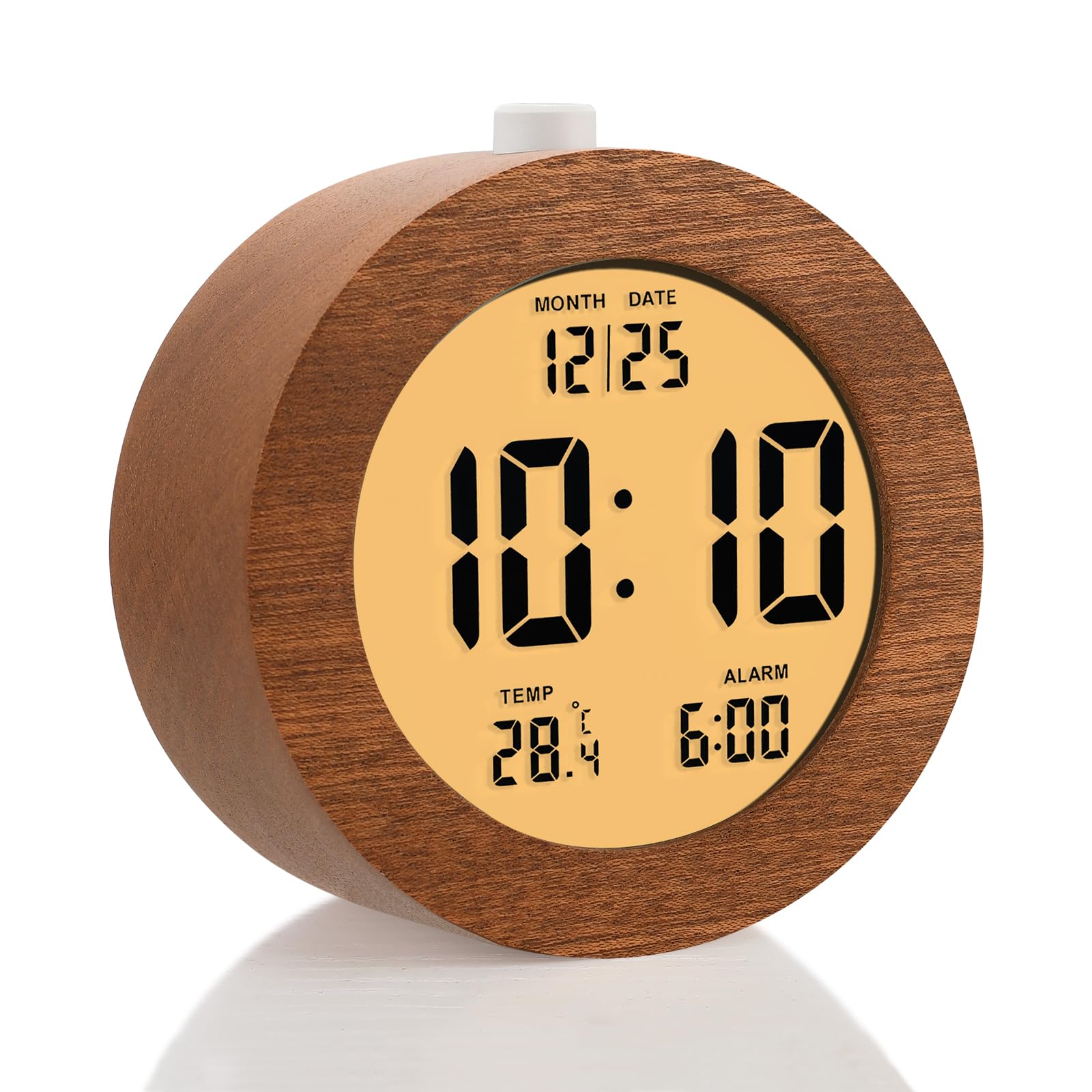 Plumeet Wooden Digital Alarm Clock for Bedrooms, Wood 4'' Battery Powered Alarm Clock with Snooze and Nightlight, Electronic LCD Desk Clock Display Time, Date, Temp, 12/24H, Wood Décor, Round, Sapele