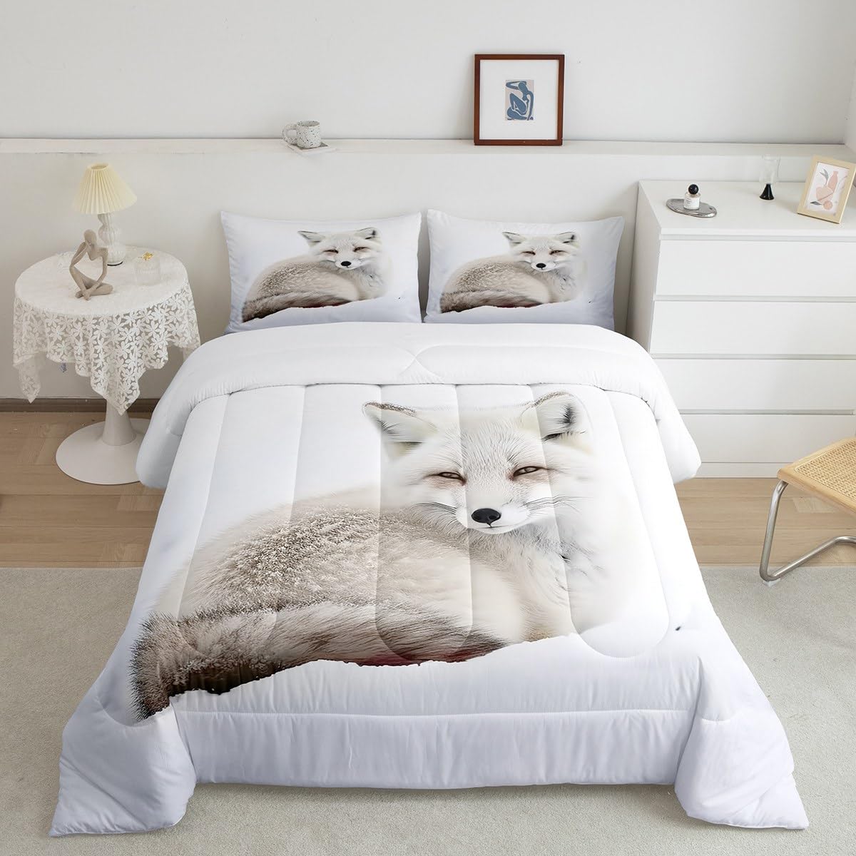 Feelyou Fox Comforter Set Arctic Fox Bedding Set for Kids Boys Girls Cute Animal Comforter Wildlife Quilt Set 1 Comforter Set with 2 Pillowcases Queen Size