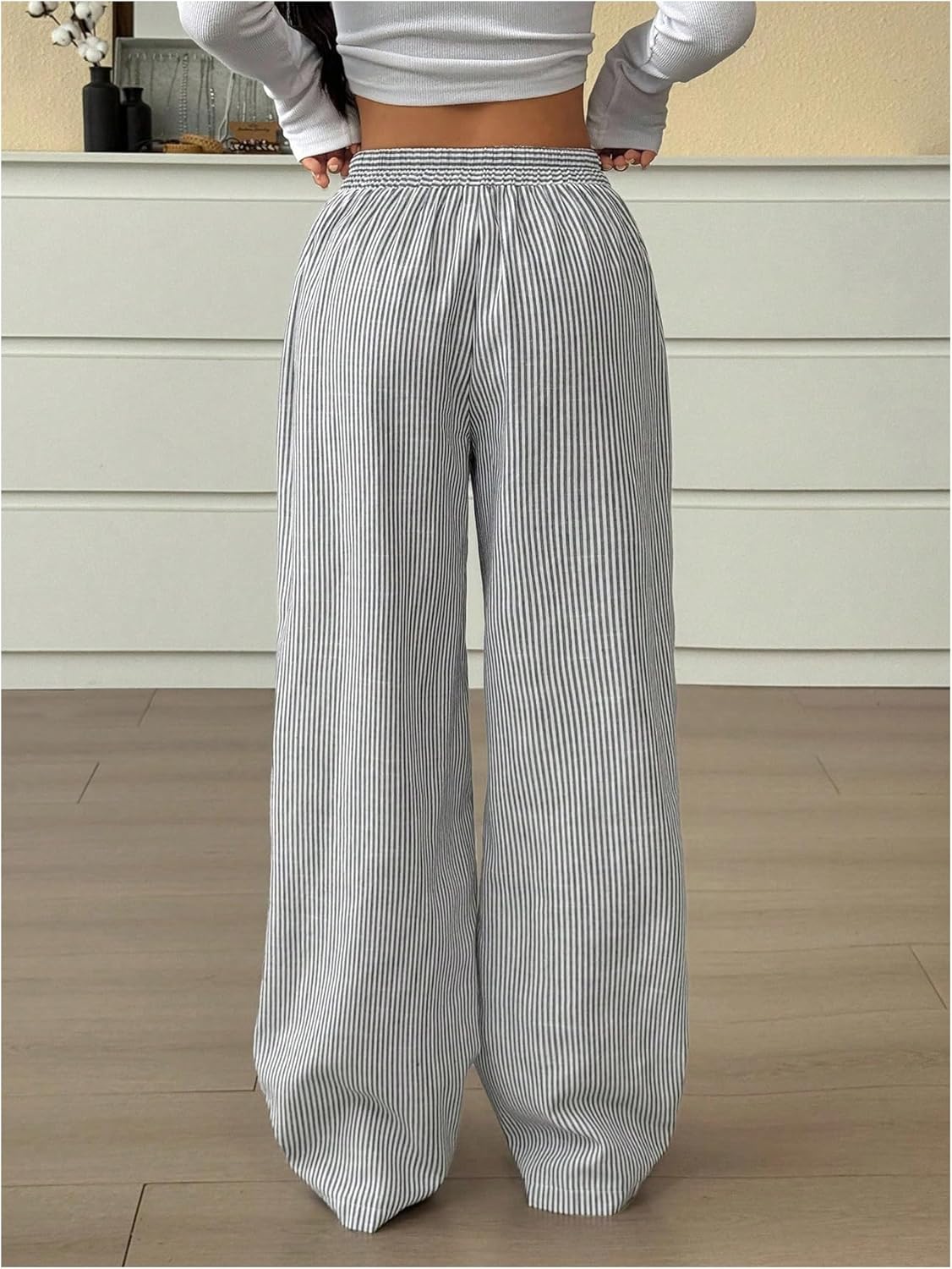 SOLY HUX Women's Striped Pants Drawstring Elastic Waist Wide Leg Baggy Long Pants Trousers with Pockets - Image 2