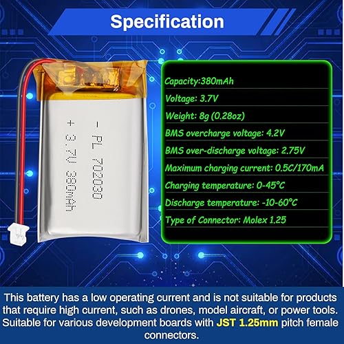 Miniatura 3 de Batería de polímero de litio 3.7V 380mAh 702030 Lipo Batería recargable con cable Molex 0.049 in Conector para altavoz, rastreador GPS, dispositivo