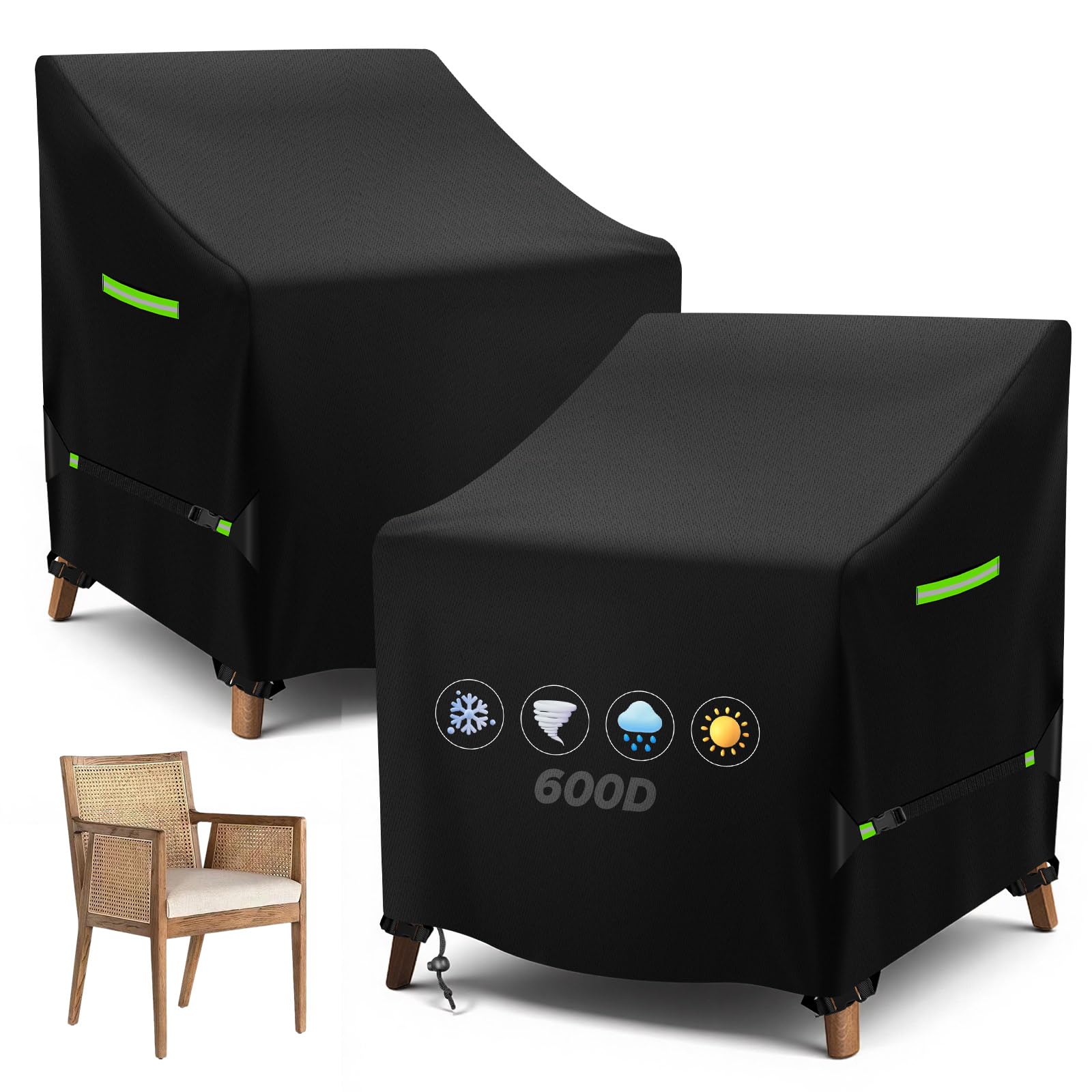 YedZen Garden Chair Cover, 89x89x120cm, 600D PVC Waterproof Reclining Chair Cover with 4 Buckles, 0.9m Side Straps, Drawstring＆2 Handles, Patio Outdoor Chair Covers for Stacking Armchairs, 2PC