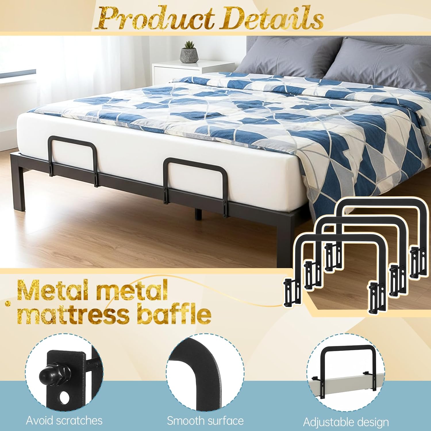 SHENLIU 4 Pack Mattress Slide Stopper, Metal Mattress Gripper Retainer Bar Mattres Stoppers to Prevent Sliding, Adjustable Non Slip Holder in Place Grippers for Metal Bed Frame, Black