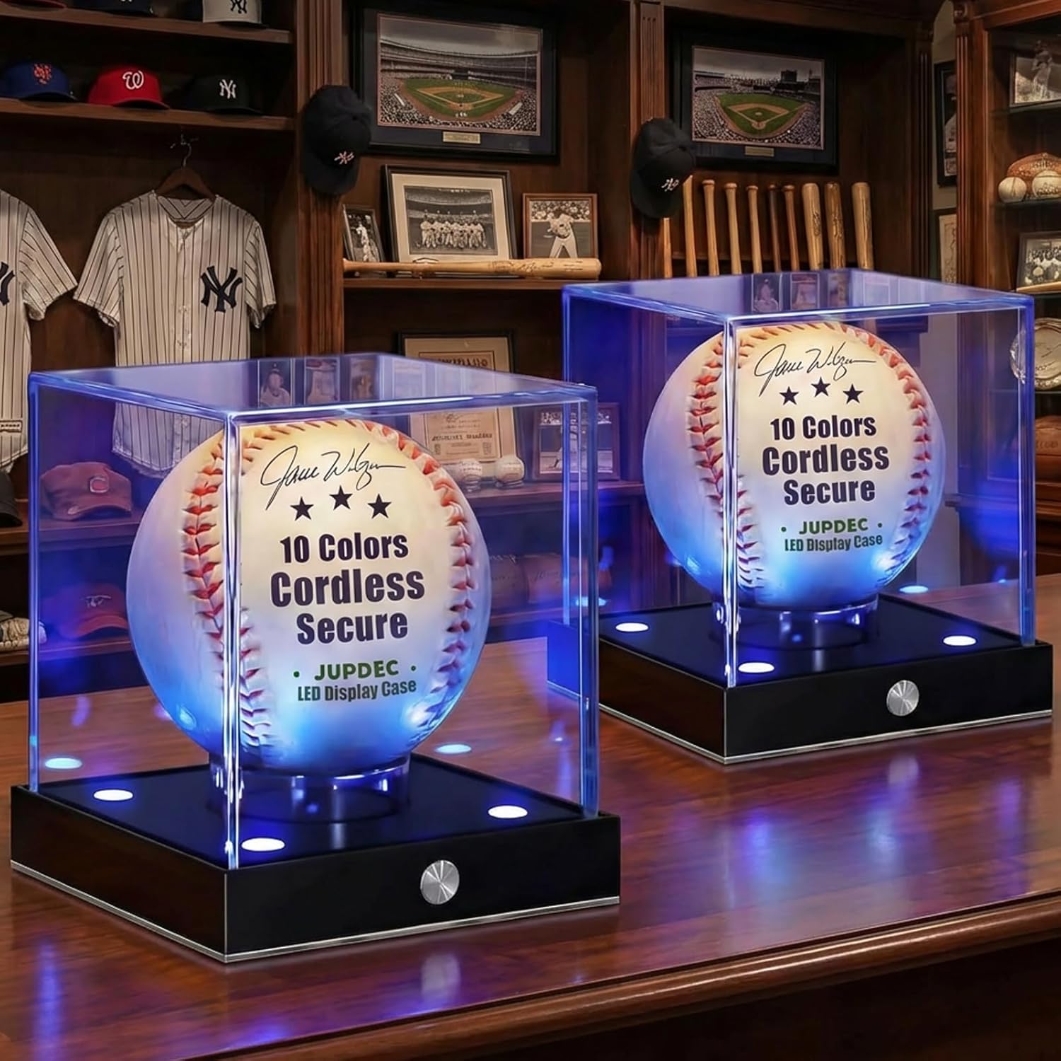 JupDec Cordless LED Baseball Display Case, Clear Acrylic Cube Baseball Holder with 10 Color Light Up, Autograph Ball Showcase Box with Memory Function, Ideal Gift for Sports Fans, Silvery, 2 Pack