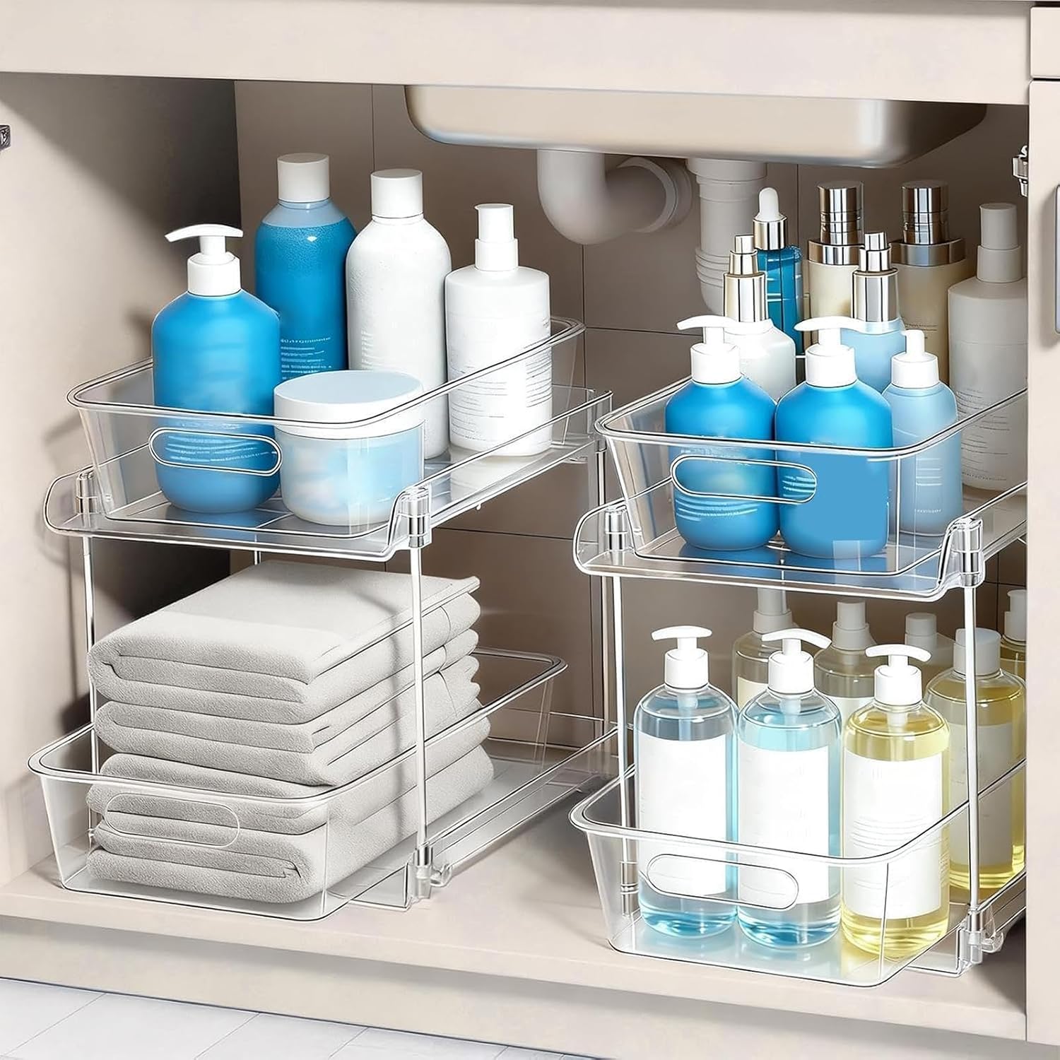 Under Sink Organizer - 2 Tier Bathroom Storage Drawer Pull Out Drawer Sliding Shelf Under Sink - for Laundry, Pantry, Vanity, Office, Home, Apartment, Your