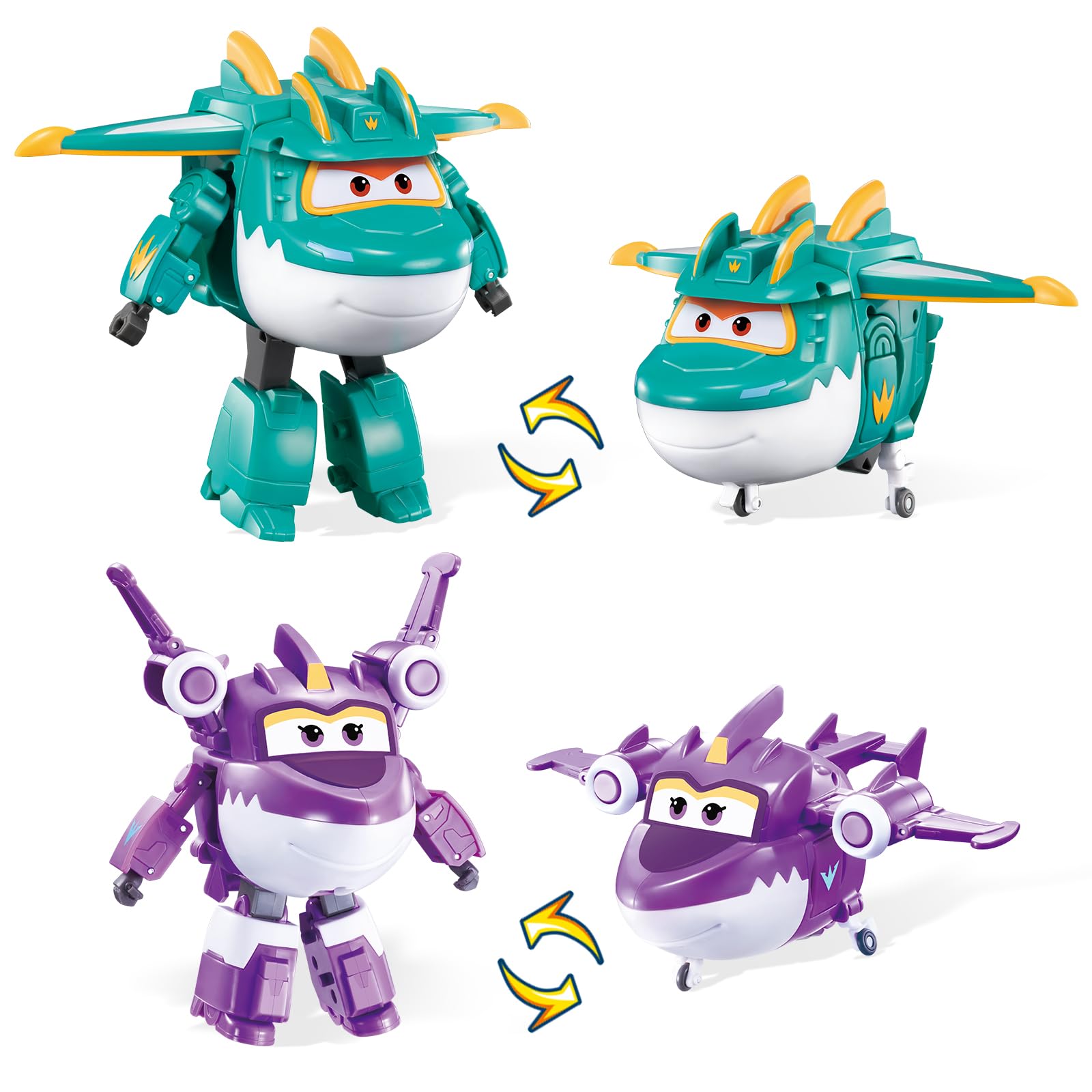Super Wings Dinosaurier 2PCS Tino & Sally, 12,7 cm Flugzeug-Spielzeug, 2 in 1 Actionfigur für Vorschulkinder, Spielzeug für Mädchen und Jungen ab 3 Jahren, grün und lila