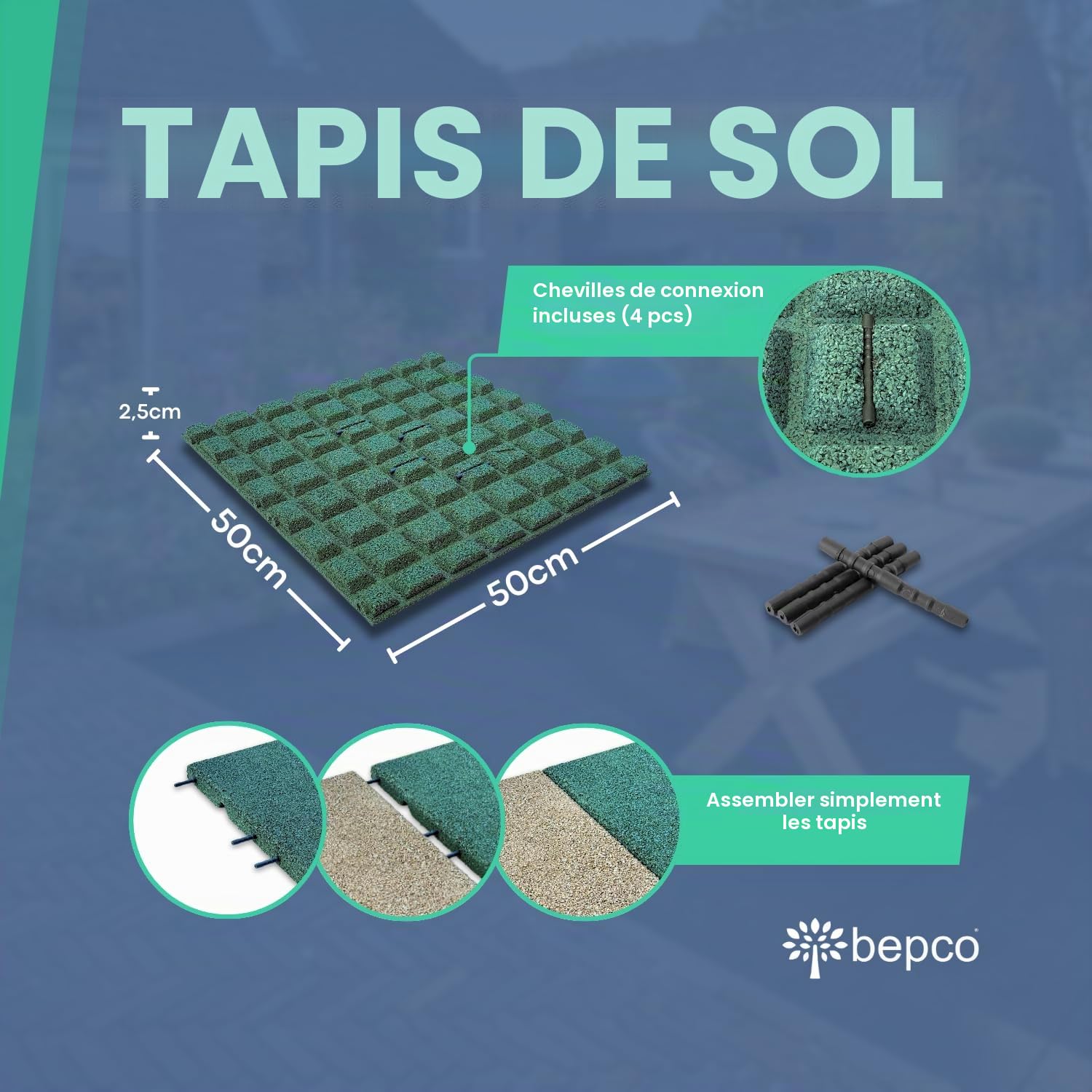 bepco Lot de 4 tapis anti-chute en caoutchouc, absorbant les chocs et antidérapants, avec 16 broches de connexion, en caoutchouc recyclé, pour chemins, terrasses, jeux et installations sportives (vert
