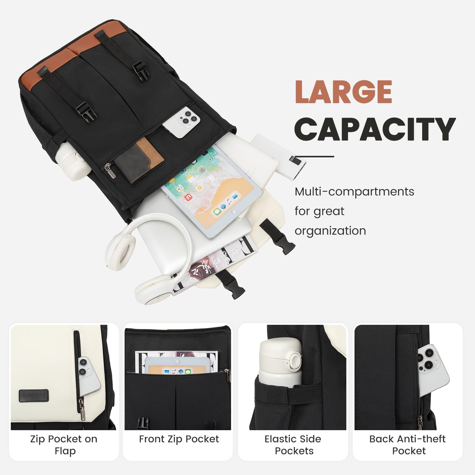 LOVEVOOK Zaino Donna Uomo Borsa Porta PC 15.6 Pollici Zainetto Donna con USB Zaino Scuola Media Superiore Antifurto Zaini Scolastici Impermeabile Laptop Backpack per Università Viaggi Ufficio