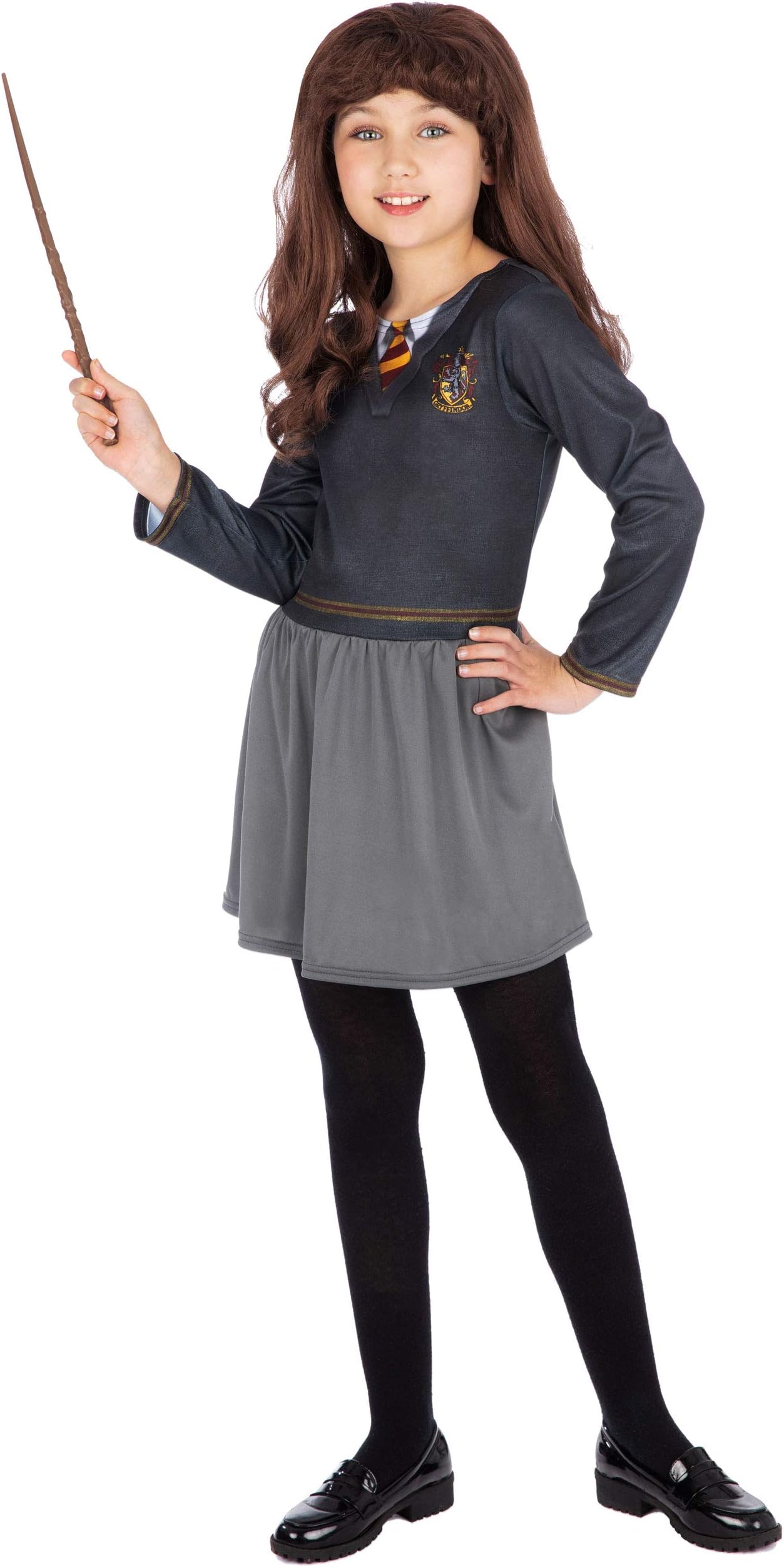 Harry Potter Girls Hermione Fancy Dress with Wand and Wig