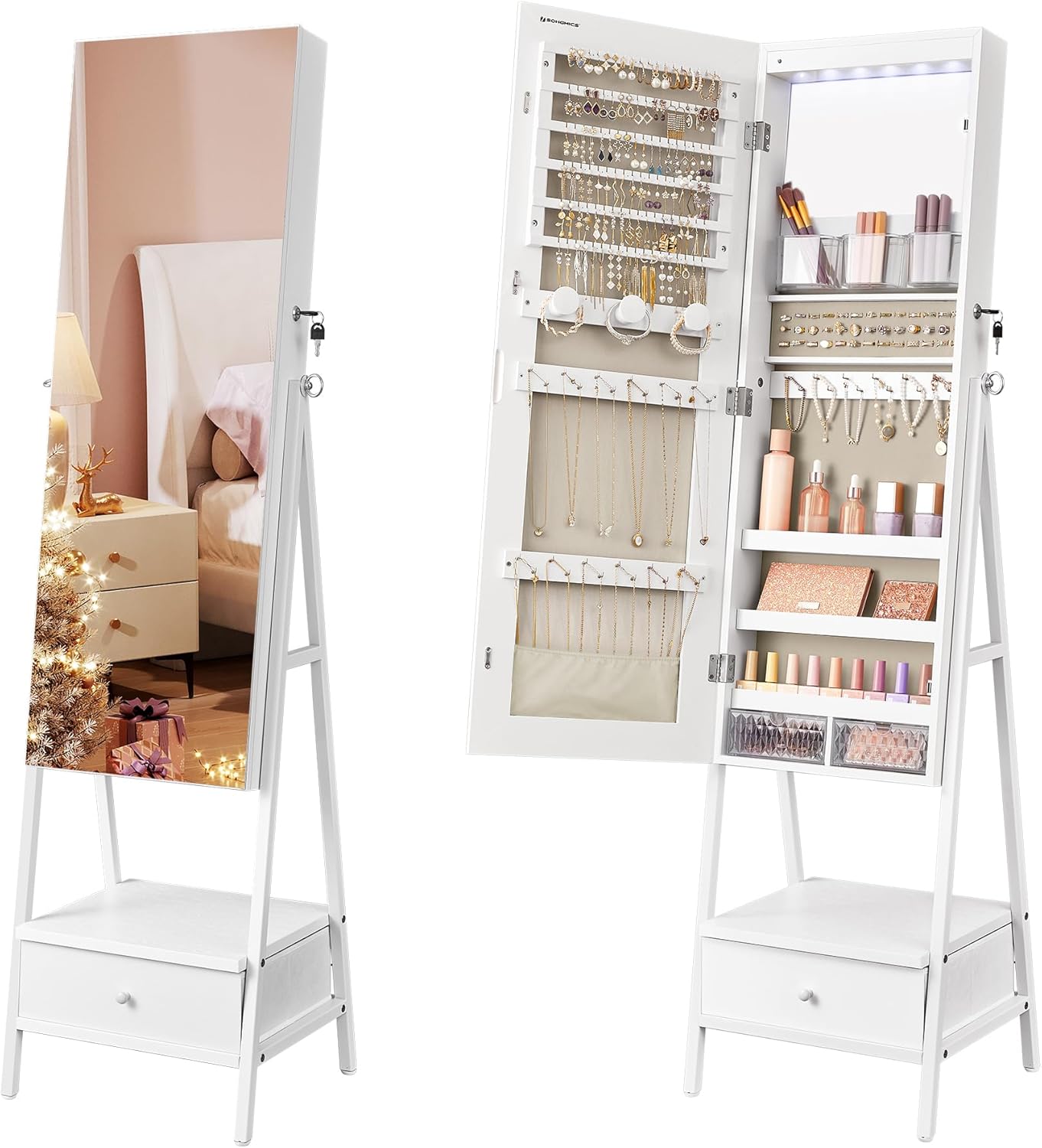 SONGMICS LED Mirror Jewelry Cabinet Armoire with Full-Length Mirror