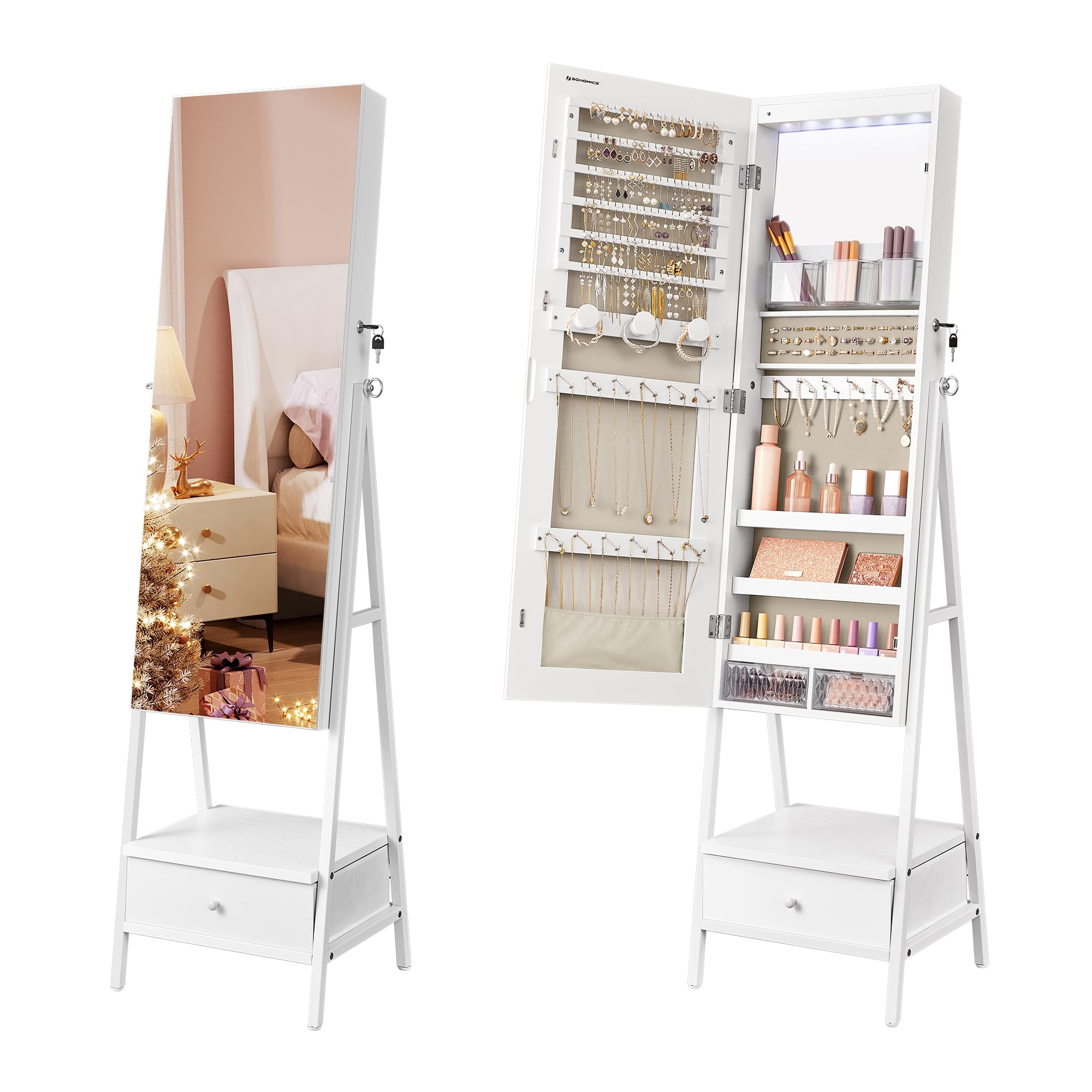 SONGMICS LED Mirror Jewelry Cabinet Standing, Lockable Jewelry Armoire with Full-Length Mirror, Space-Saving Jewelry Organizer with Mirror, Drawer, Gift Idea, Christmas Gifts, Cloud White UJJC025W01