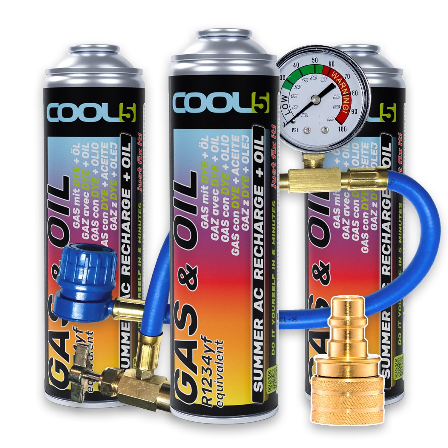 3 X Summer AC Recharge + Olio – Cambio refrigerante e Olio (R1234yf Gas sostitutivo) con Tubo di misurazione e Adattatore YF – per Auto dal 2017 e Nuovo, 290 g + 70% del Prodotto – Soluzione