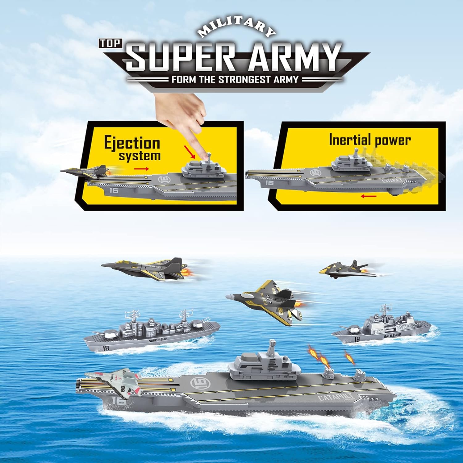 WASK Army Toys for Boys - Launching Military Aircraft Carrier Toys Set Military Naval Ship with Battleship, Supply Ship, Fighter Jets, Aircraft Carrier Model Kit Cool Toys for Boys Girls