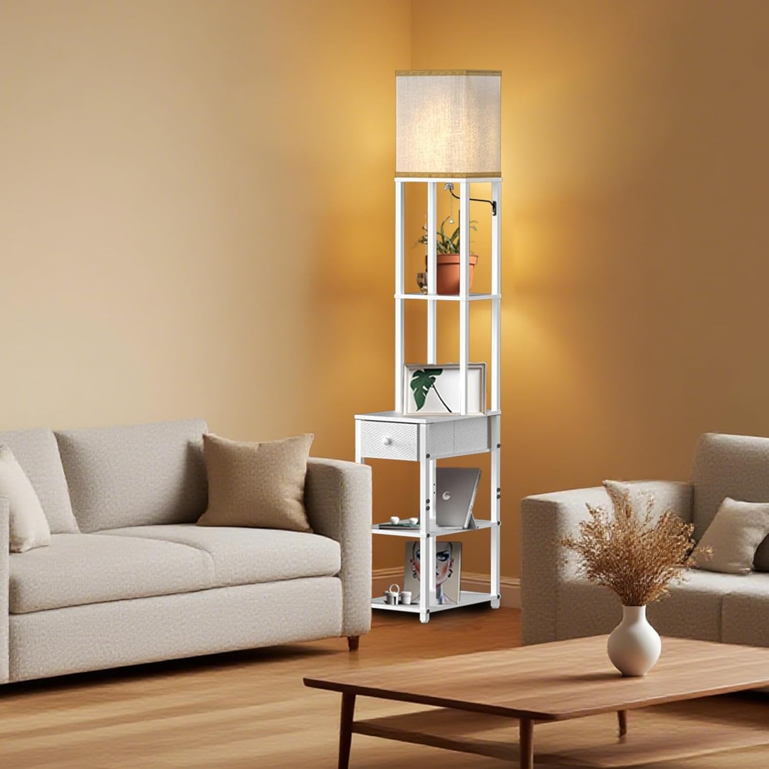Lightdot Floor Lamp with Shelves&Drawer, Modern Sofa Lamp with Off-White Fabric Lampshade, Display Corner Floor Lamp with Storage Table for Living Room, Bedroom and Office-White-F