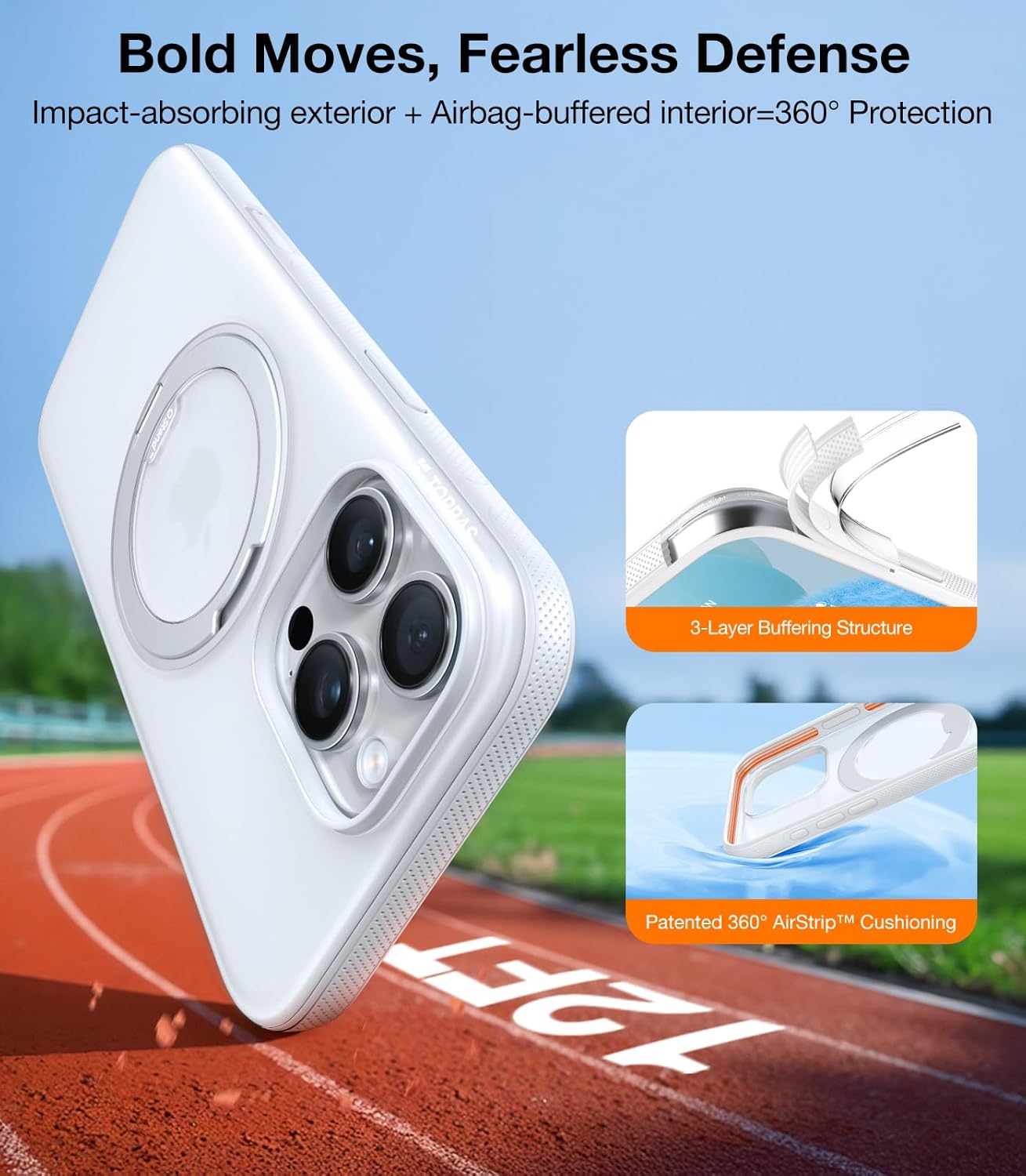 TORRAS 360 Magnetic Stand for iPhone 16 Pro Max Case[Fit for MagSafe][Camera Control Button][Mil-Grade Protection] Slim, Rotatable Kickstand, Translucent Glacier White 6.9", Ostand OFitness Series - Image 6