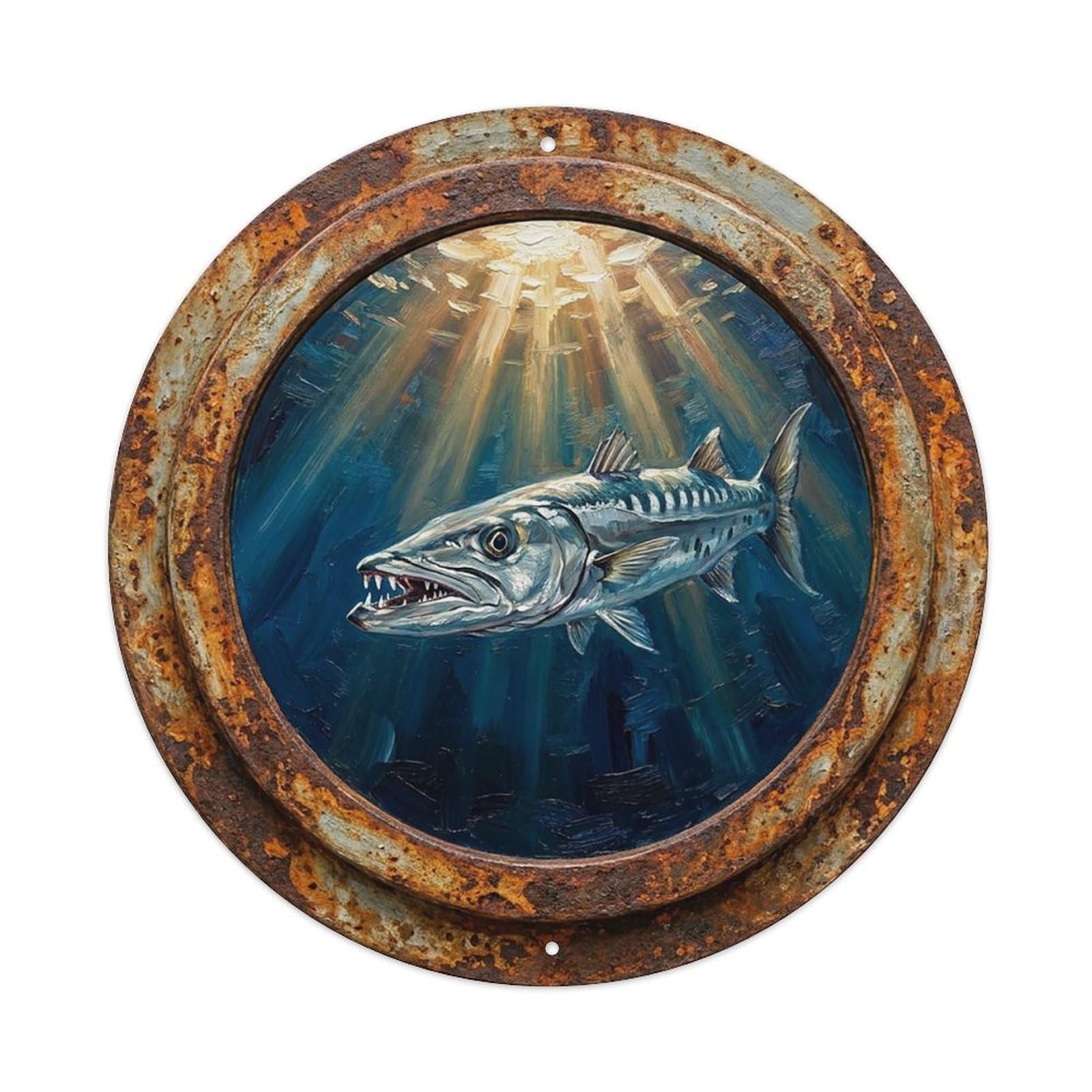Vintage Porthole Barracuda Sharp Ship Window Under Deep Metal Tin Sign